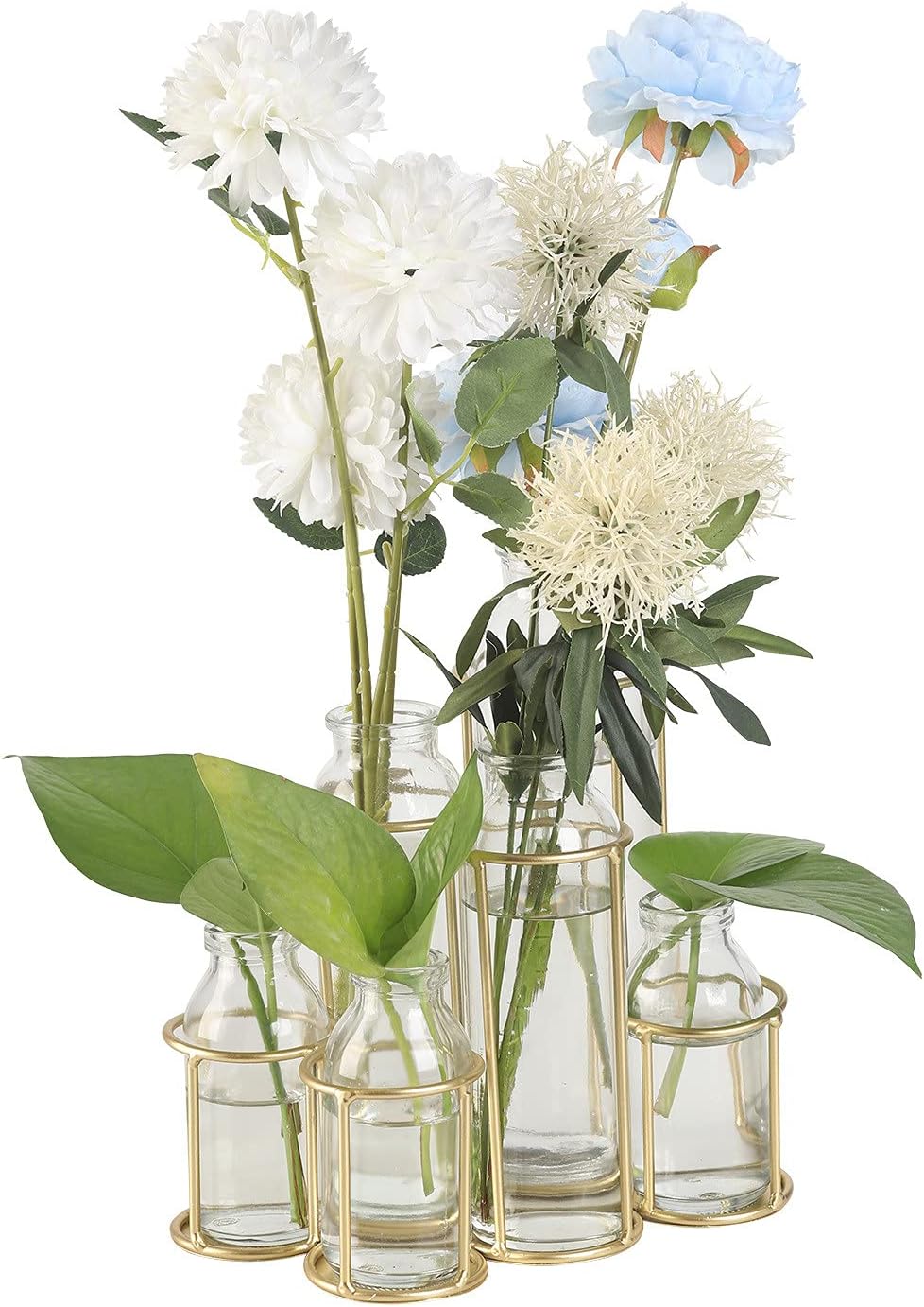 Radefasun Jarrones de flores con 6 botellas de cristal transparente con soporte de metal, estación de propagación de plantas, juego de soporte para