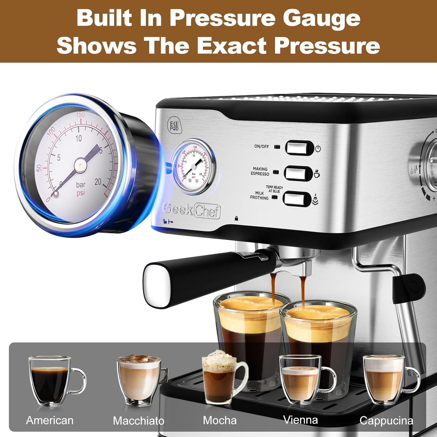 Geek Chef Máquina de café expreso con bomba de 20 bares, cafetera de capuchino con filtro ESE POD y manómetro, tanque de agua de 1.5 L, 950 W, color