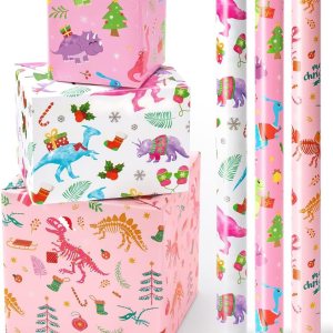 Rollos de papel de regalo de Navidad de dinosaurios, 3 rollos de papel de regalo de dinosaurio rosa de 17 x 120 pulgadas, papel de regalo de Rollos de papel de regalo de Navidad de dinosaurios, 3 rollos de papel de regalo de dinosaurio rosa de 17 x 120 pulgadas, papel de regalo de