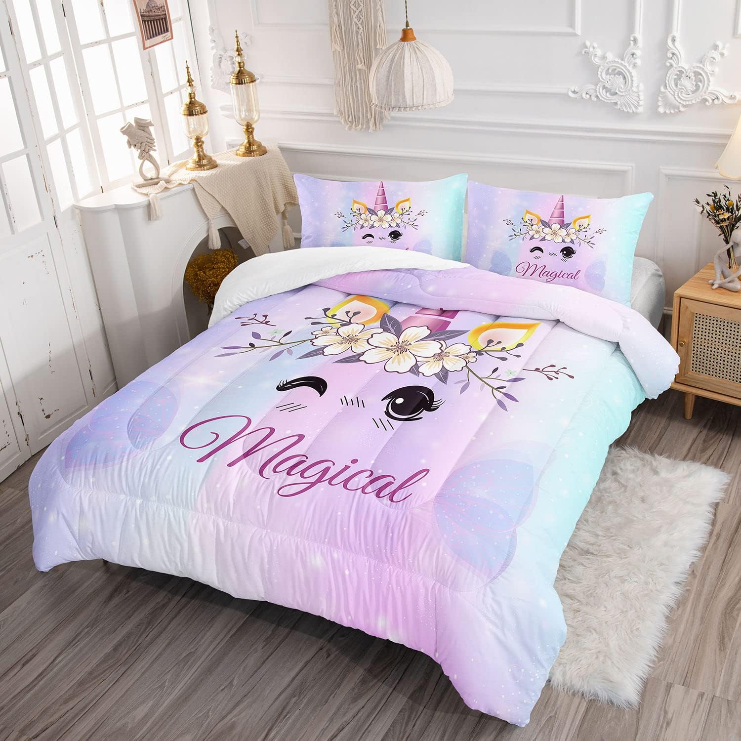 Datura home Lindo juego de edredón de unicornio para niñas y mujeres, juego de ropa de cama con estampado de unicornio Kawaii degradado morado y