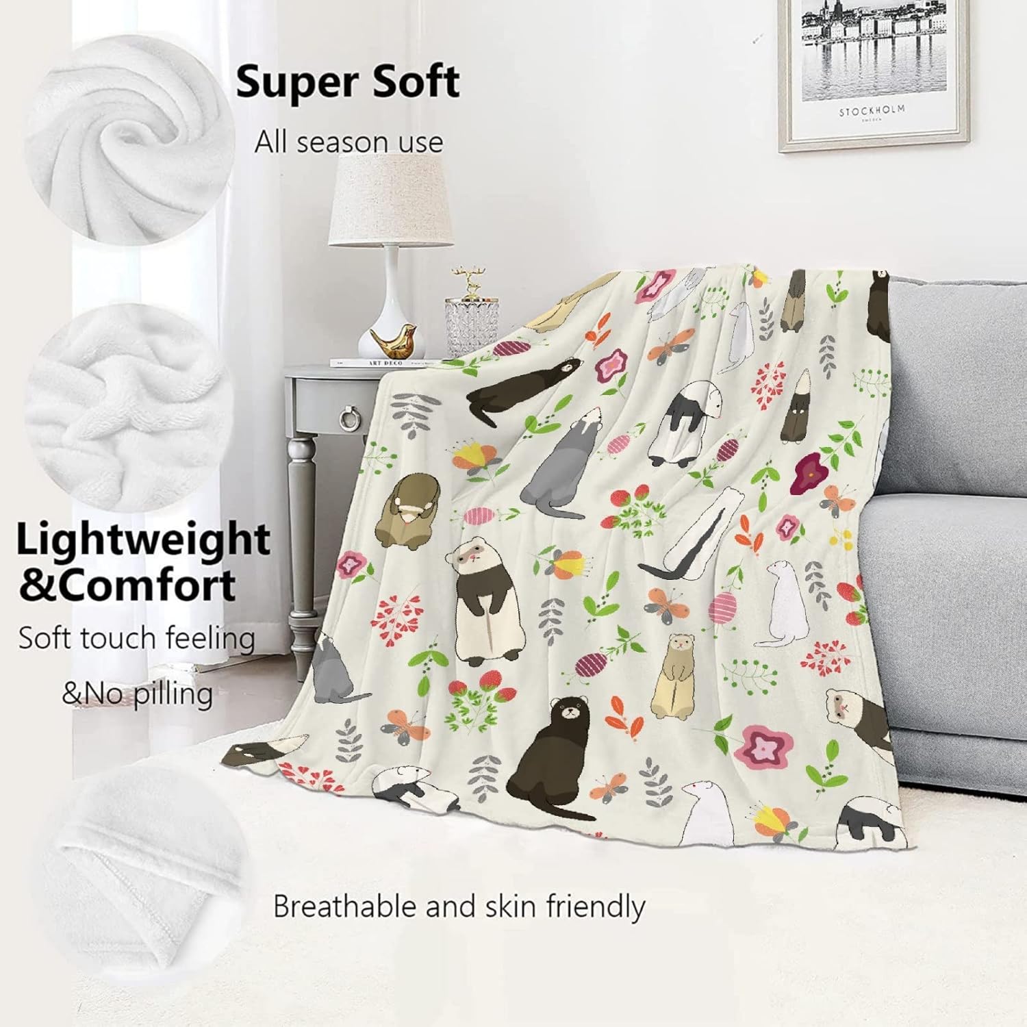 Manta linda de hurones, regalos para mujeres, amantes de los hurones, manta ligera y suave de franela de forro polar para sofá y cama, tamaño XS (40