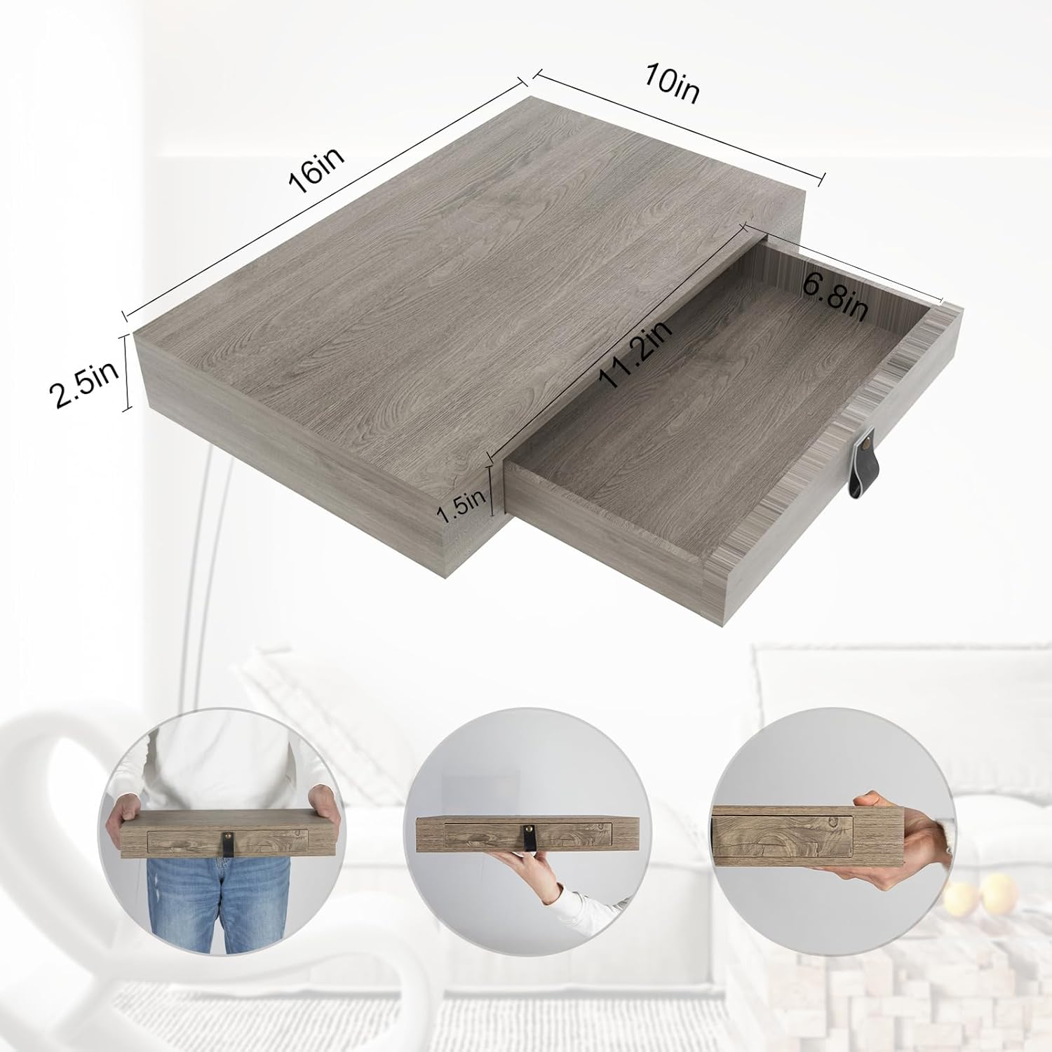 Juego de 2 estantes flotantes con cajón, mesita de noche flotante para dormitorio, estante de pared de 16 pulgadas, estante flotante con