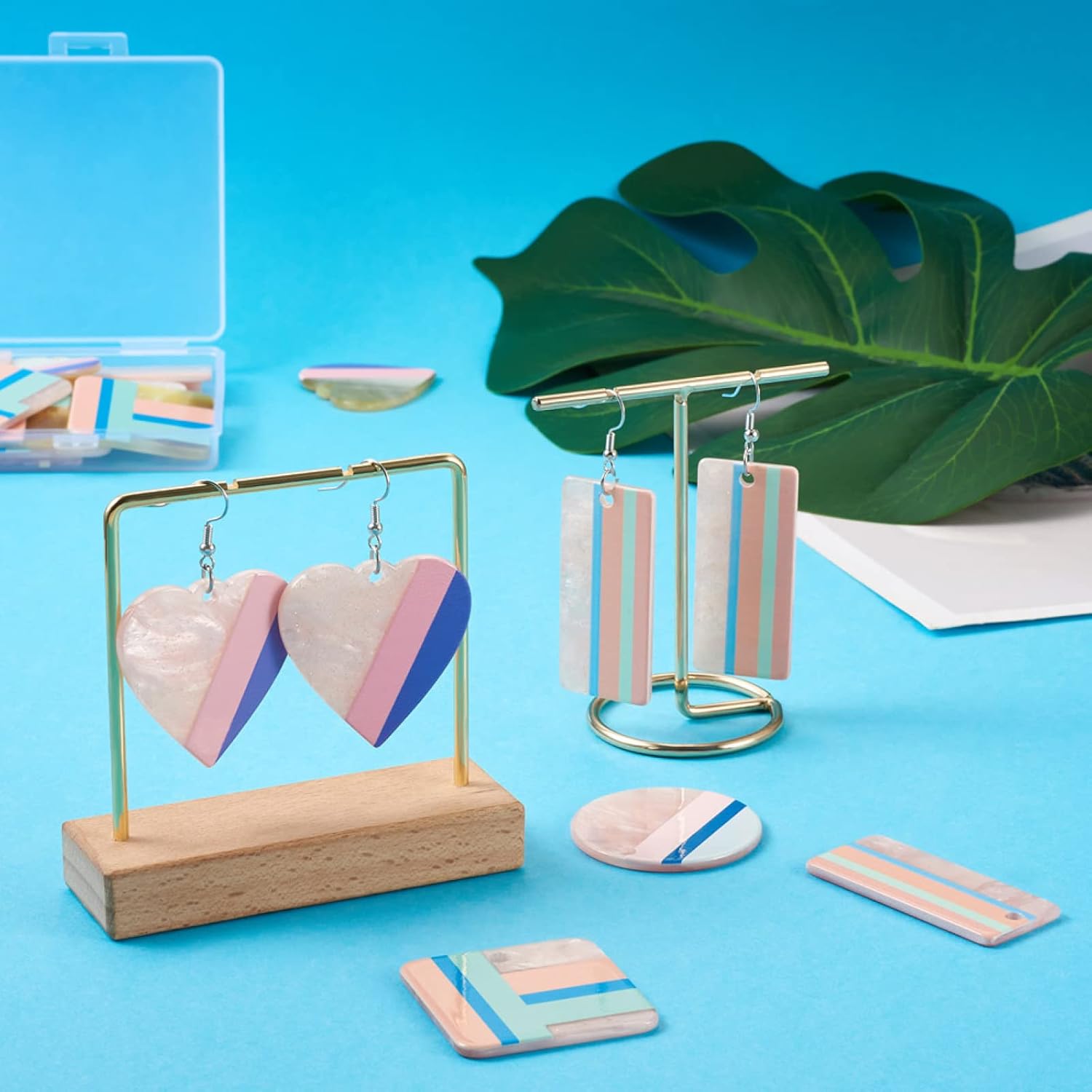 Mega Pet 32 dijes de resina impresos en 3D de 2 tonos geométricos planos de resina epoxi, forma cuadrada, forma rectangular, para hacer aretes,
