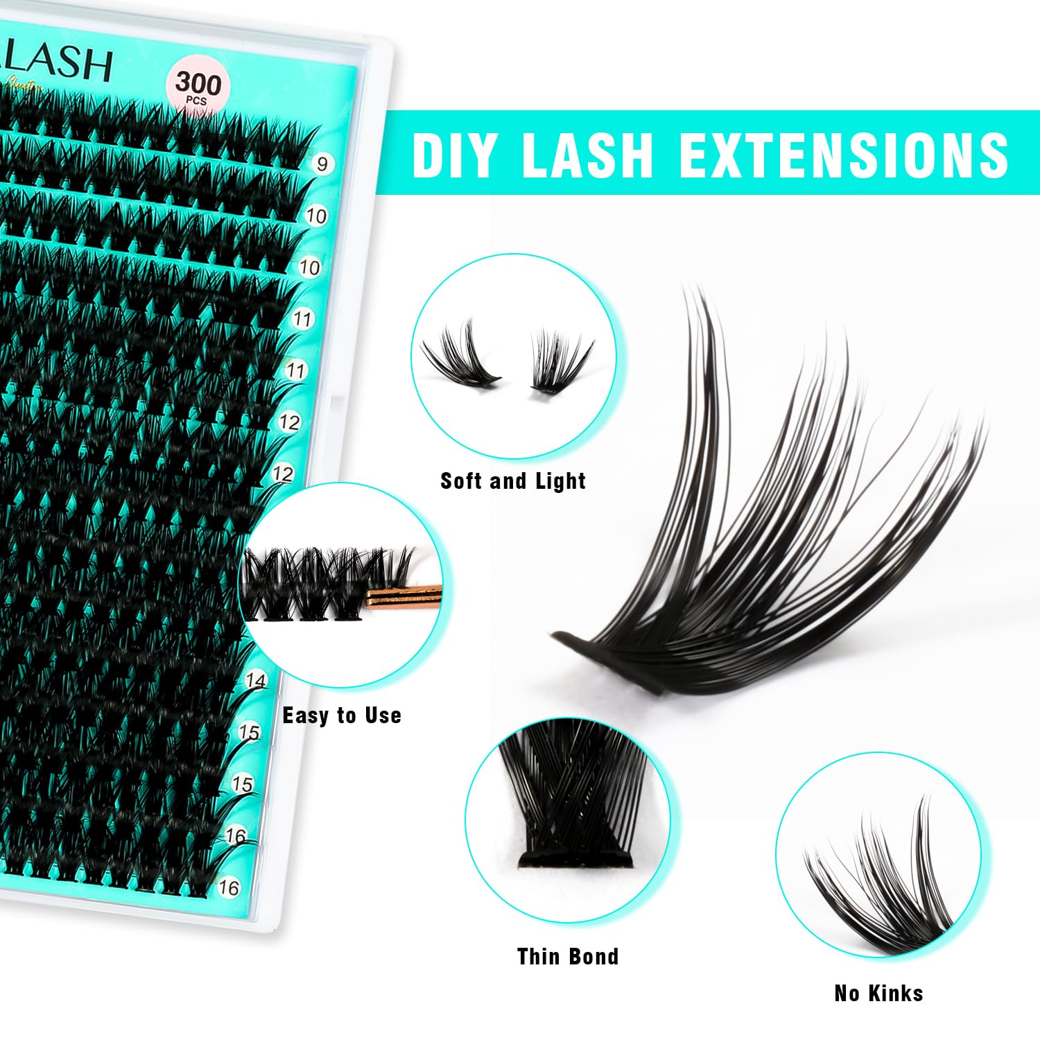 VAVALASH – Extensiones de pestañas en racimo individuales 50D-0.07-D 9-16mm, 300 unidades, de visón sintético, extensiones de pestañas postizas en