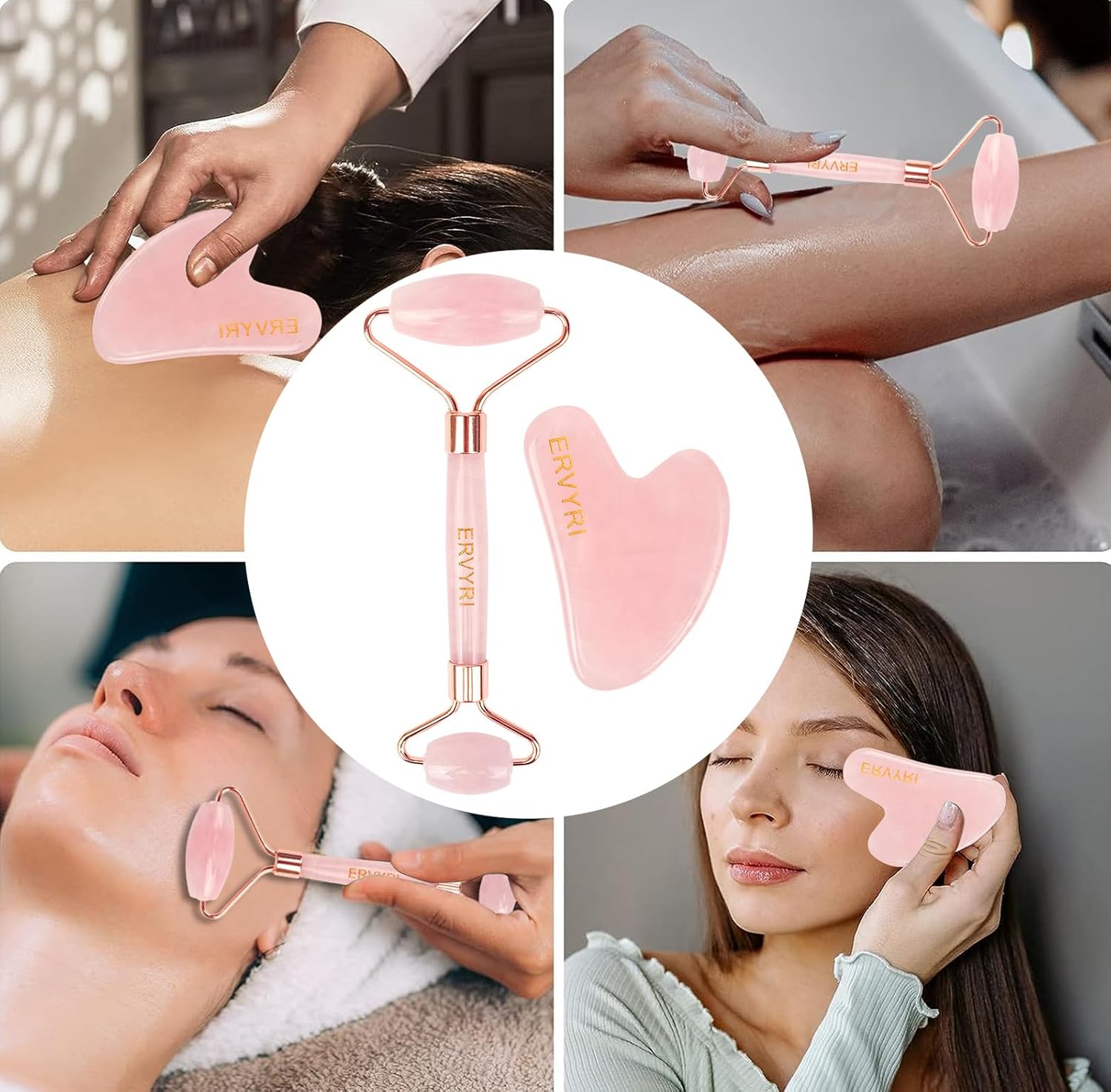 Juego de rodillo de jade y Gua Sha, rodillo facial de cuarzo rosa, herramientas faciales Gua Sha, masajeador facial para mujeres, alivia el estrés,