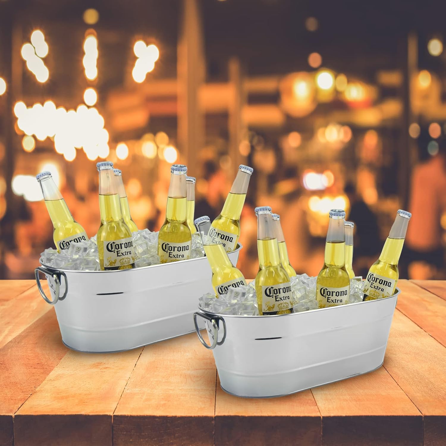 Paquete de 2 cubos de acero inoxidable para bebidas, cerveza, vino, hielo, cubos de hielo para fiestas, 2.4 galones, cubo ovalado de almacenamiento