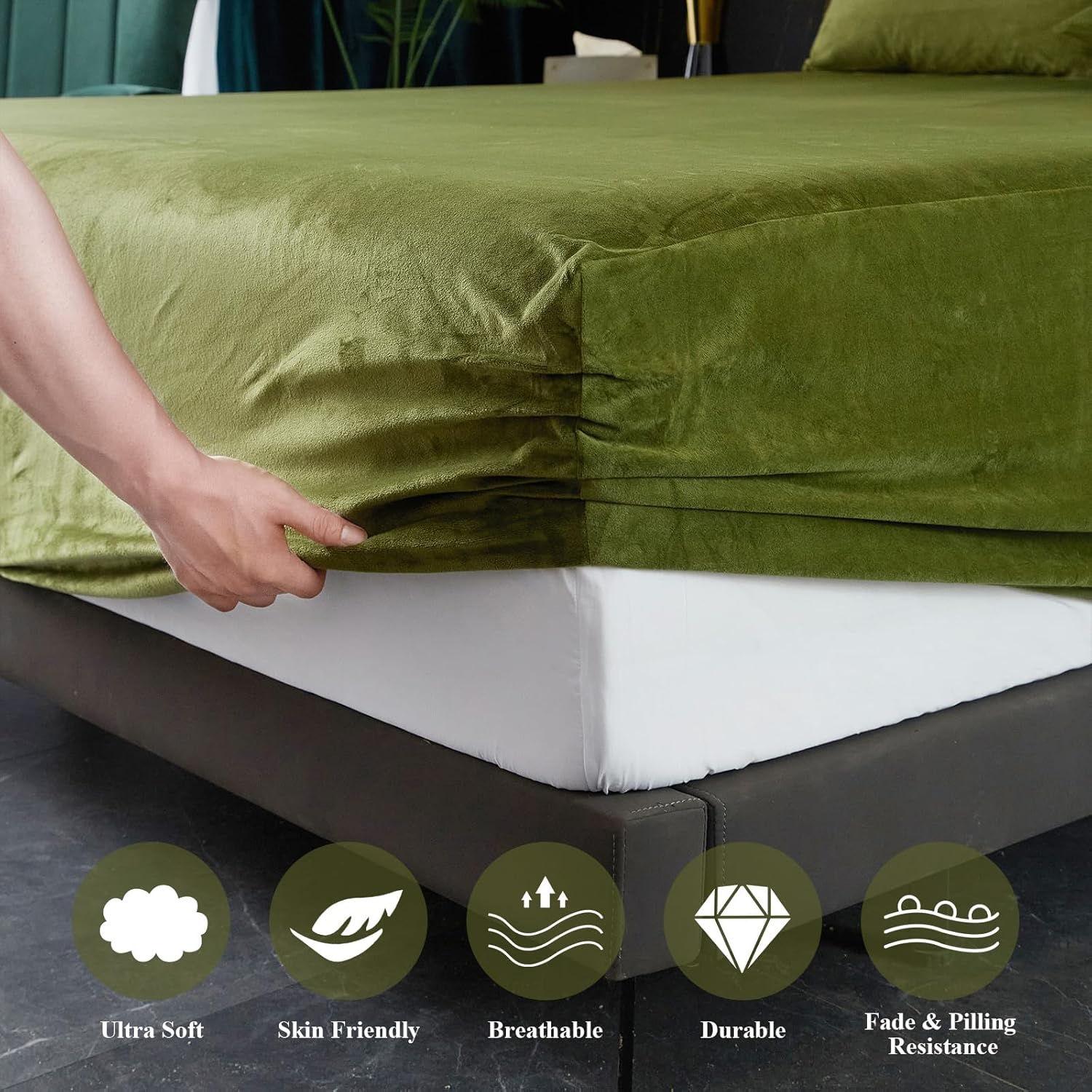 Ivellow Sábana bajera de terciopelo tamaño King, 1 paquete de sábanas de terciopelo verde de lujo con bolsillo extra profundo de 18 pulgadas, sábana
