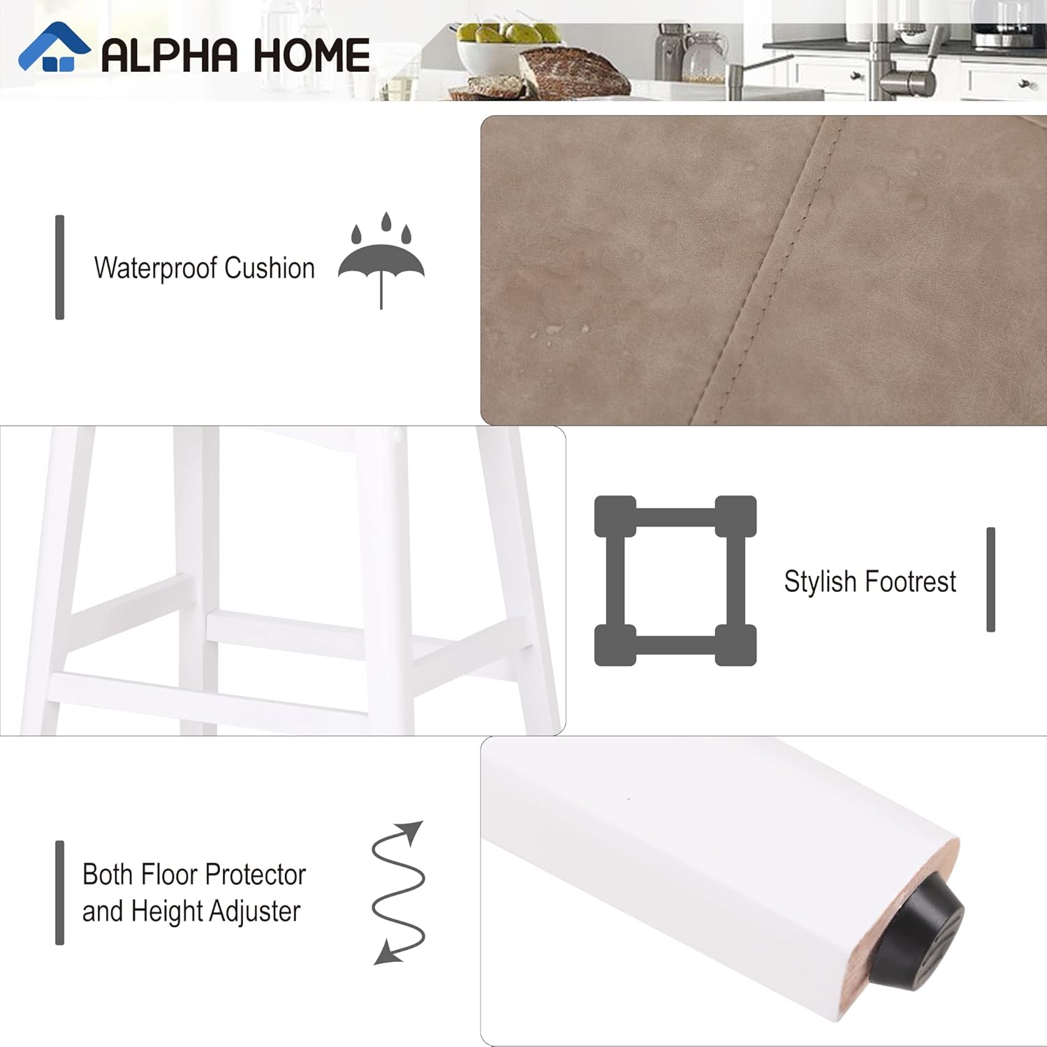 ALPHA HOME Juego de 4 taburetes de bar, taburetes de cocina de madera maciza con cojín de piel sintética beige, taburetes de bar con base de madera