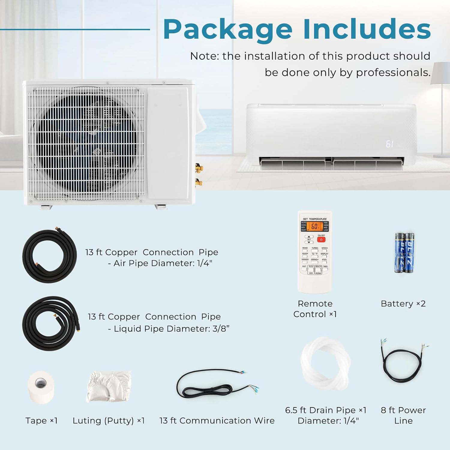 PETSITE Mini sistema de calefacciónaire acondicionado dividido de 12,000 BTU, inversor sin conductos SEER2 con bomba de calor precargada, mini split
