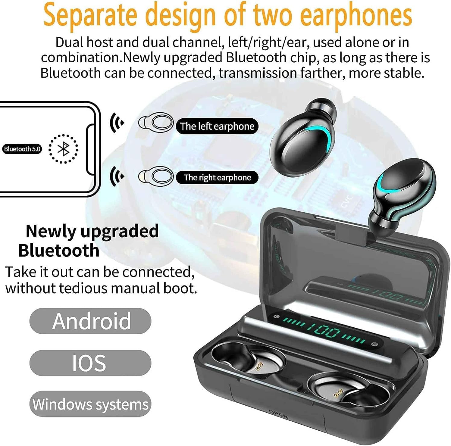 Auriculares inalámbricos verdaderos, potentes efectos de sonido personalizados, auriculares de conexión remota inmersivos con caja de carga,