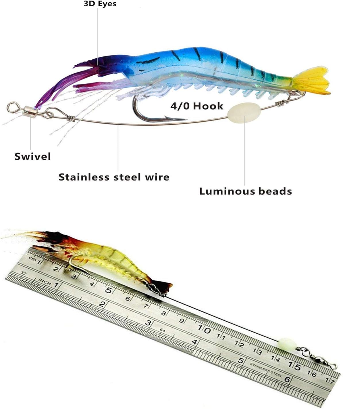 WANBY Señuelos de pesca para camarones de silicona artificial, set de cebo suave luminoso Swimbait Señuelo de pesca con ganchos, aparejos de pesca