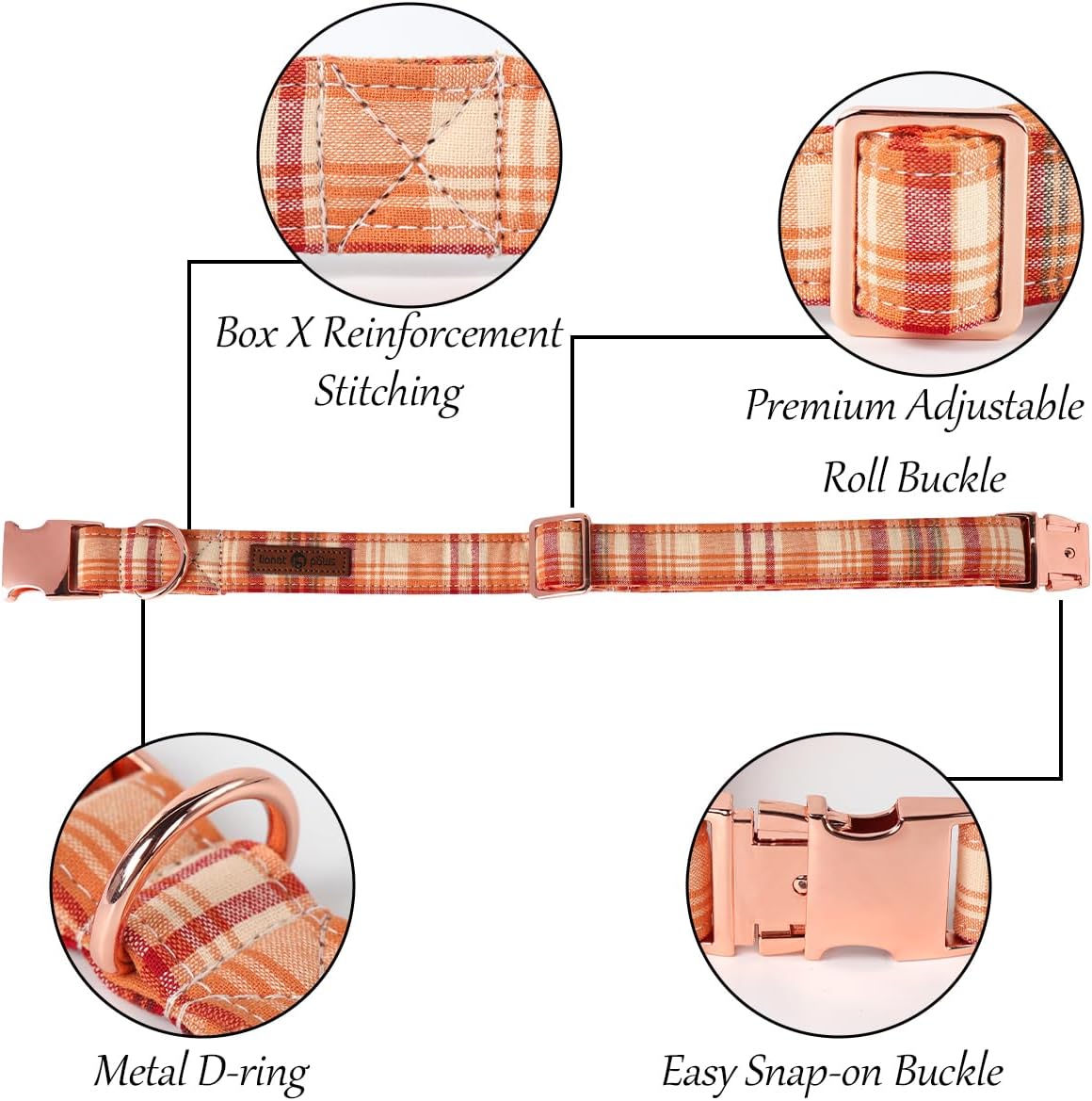 Lionet Paws Collar de perro para niño, cómodo y ajustable, lindo collar a cuadros naranja con hebilla de metal para perros machos, XL, cuello de 16