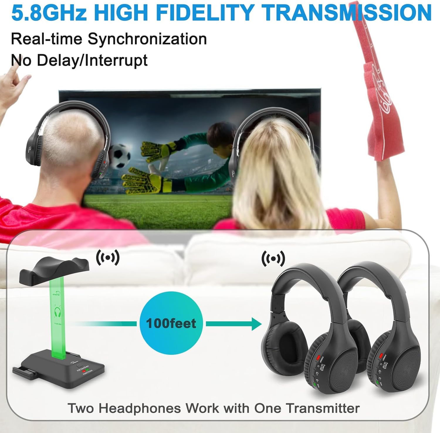 WallarGe Auriculares inalámbricos duales para ver televisión con base de carga de transmisor RF de 5.8 GHz, auriculares inalámbricos para 25 horas