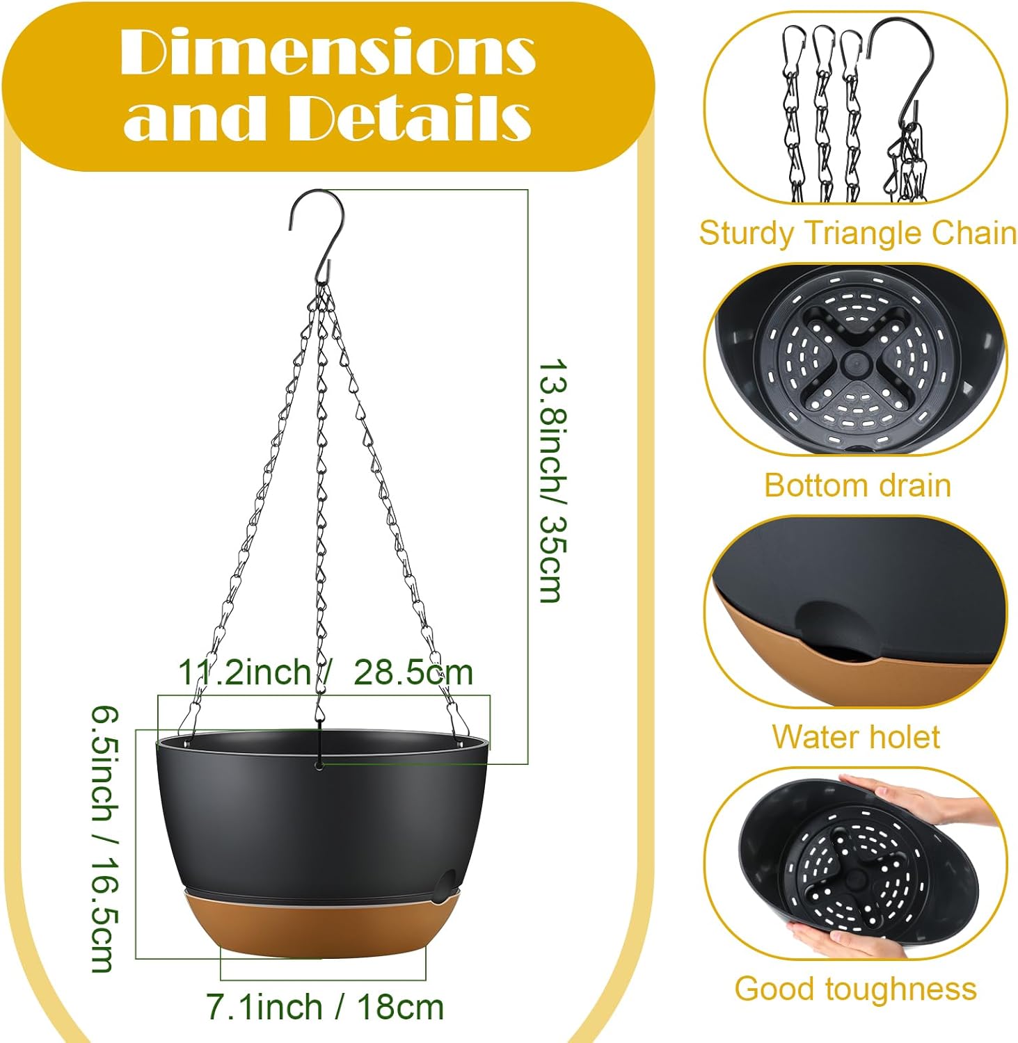 Remerry Juego de 6 macetas colgantes de 11.2 pulgadas para plantas de interior y exterior, juego de macetas colgantes de plástico con agujeros de
