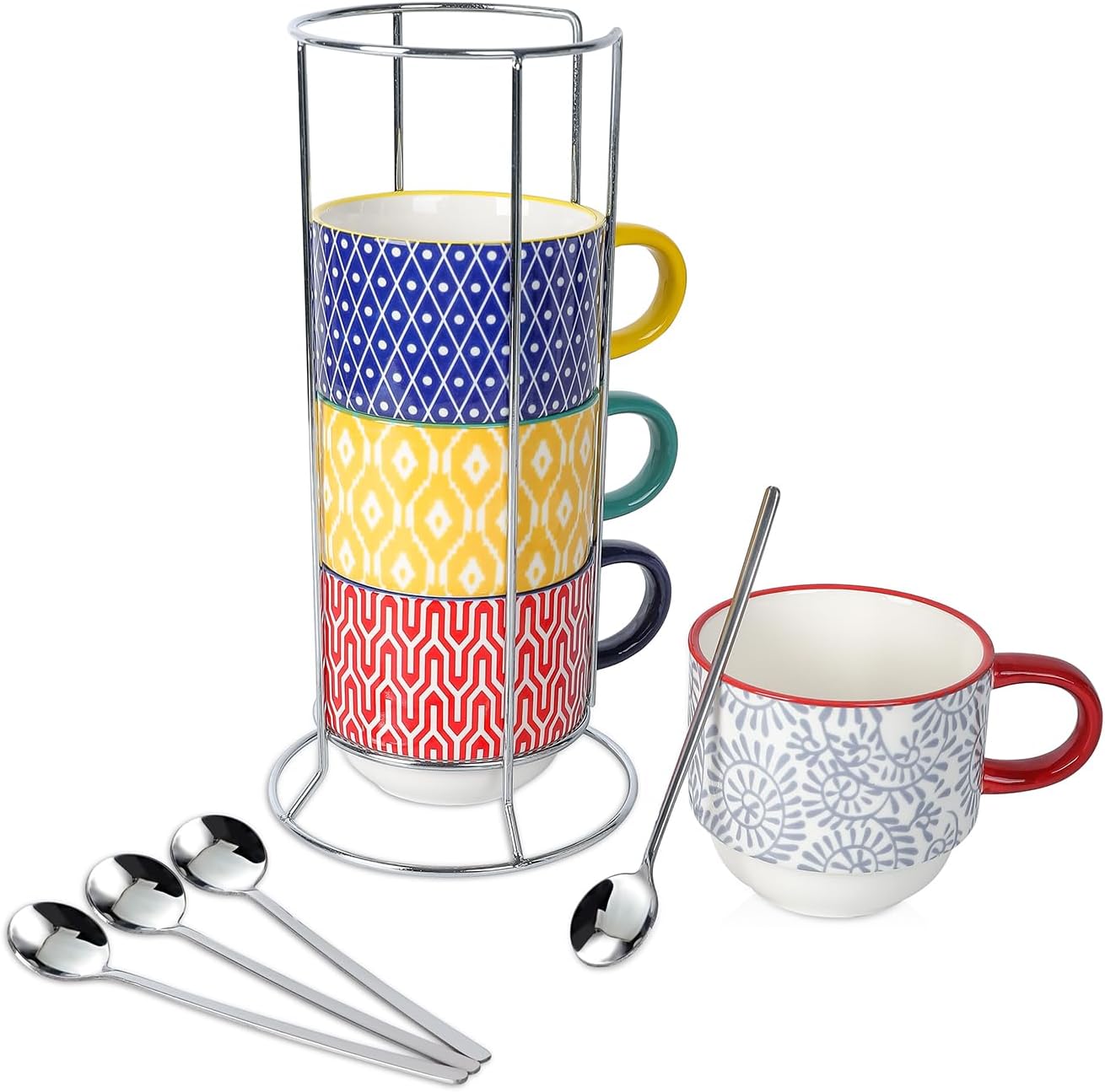 Selamica Juego de 4 tazas de café de cerámica, apilables de porcelana grandes de 14 onzas con cucharas y estante de soporte, perfectas para té