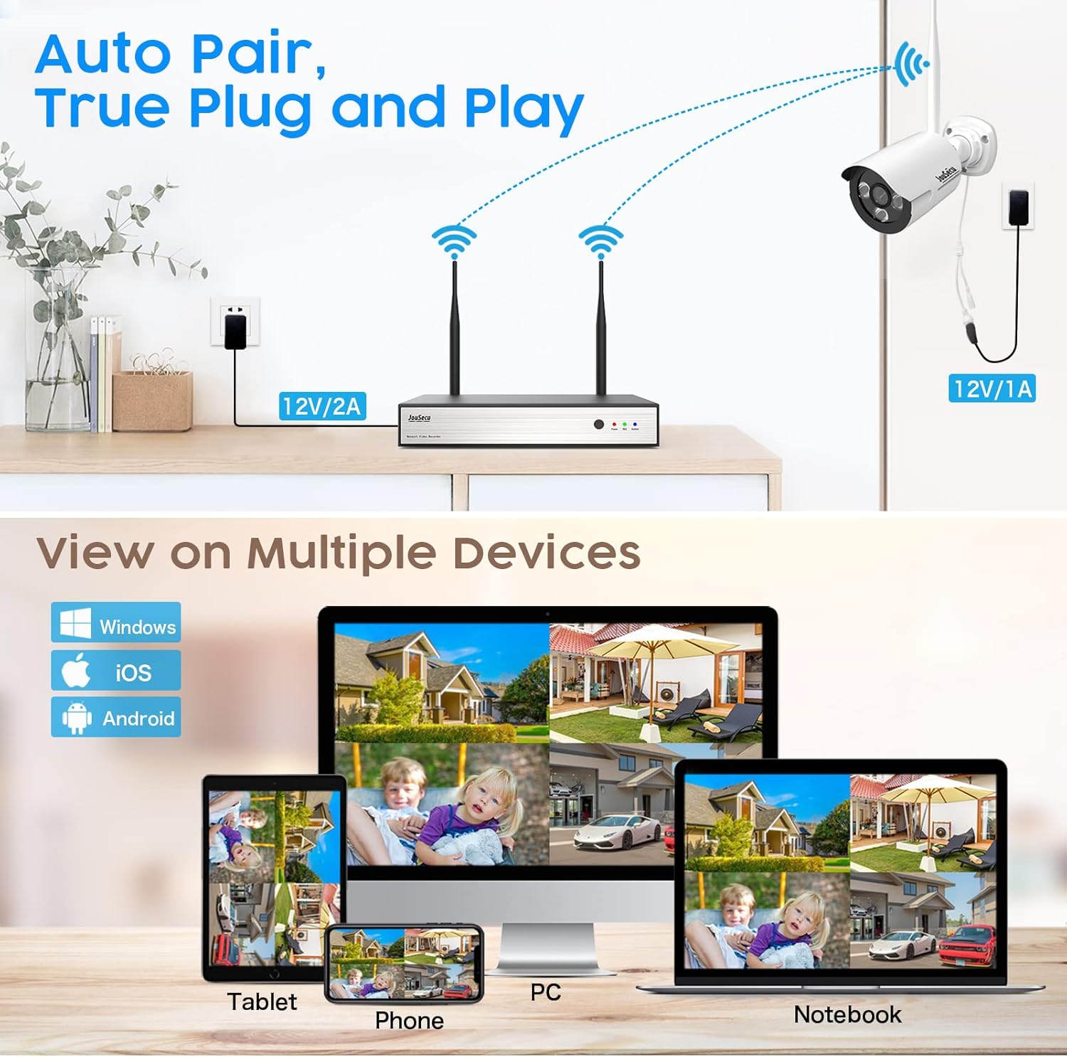 JouSecu JouSecu – Sistema de cámara de seguridad inalámbrica de 8 canales, grabadora NVR de vigilancia CCTV de 3 MP con 4 cámaras WiFi HD de 3.0MP