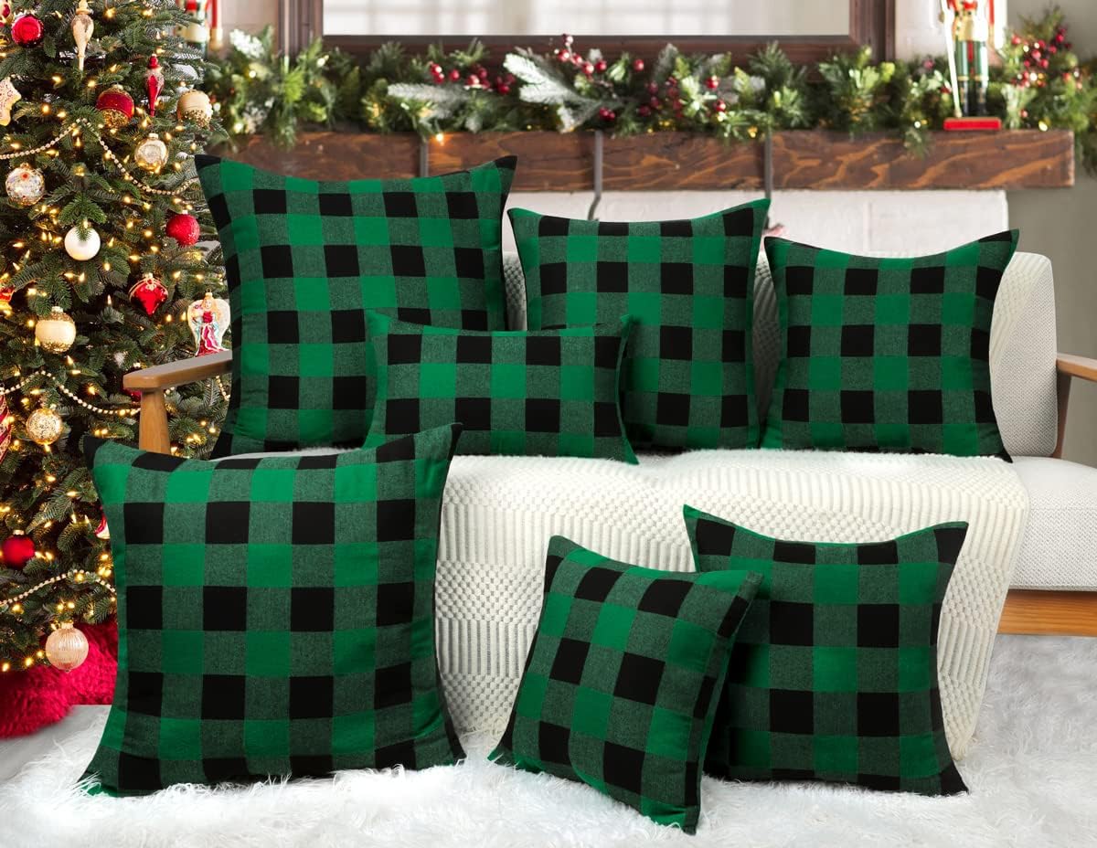 4TH Emotion Juego de 2 fundas de cojín o almohada de poliéster con estampado a cuadros estilo alquería para decoración del hogar en Navidad, verde y