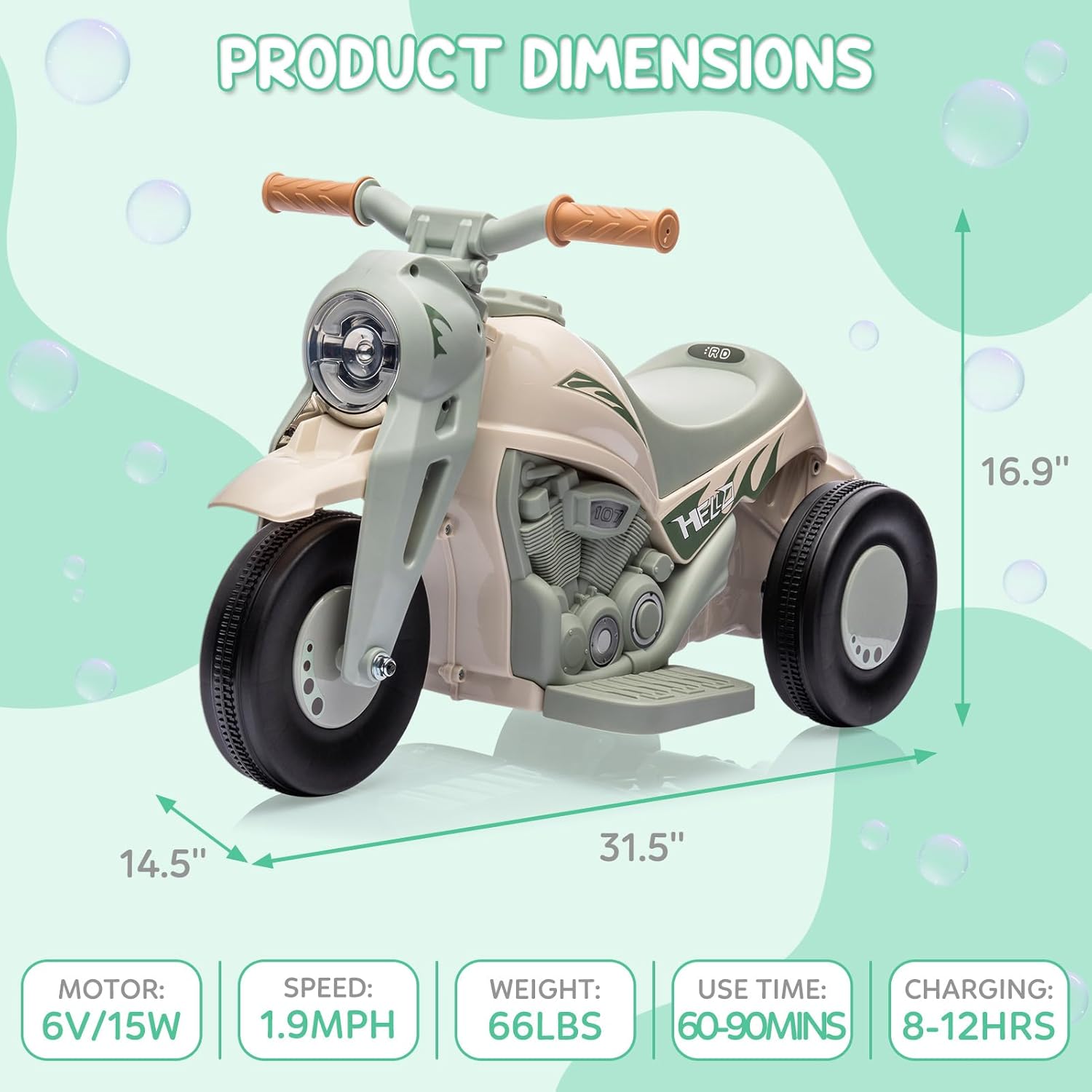 Motocicleta para niños con función de burbujas, juguete de motocicleta de 6 V con faros LED, música, pedal, adelantereserva, auto eléctrico de
