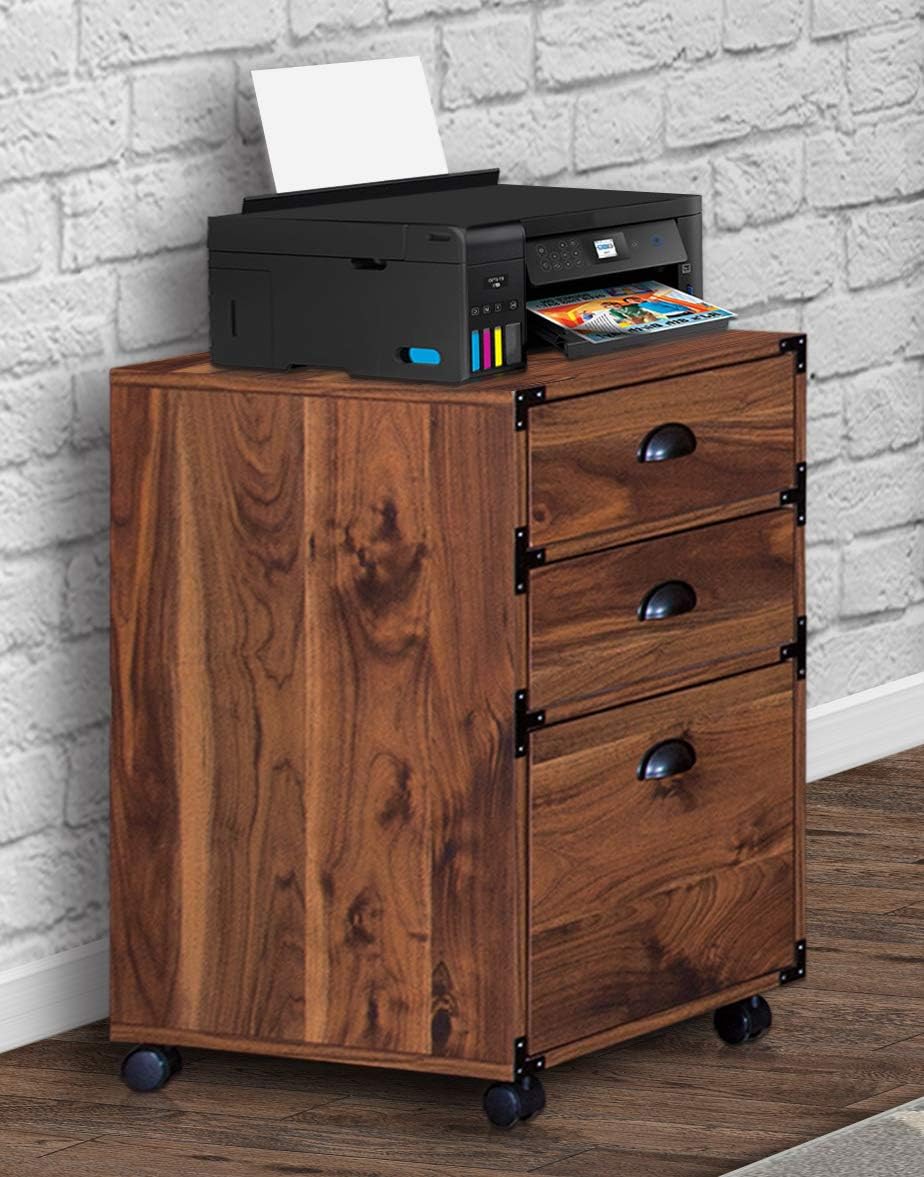 Carabelle Archivo vertical móvil, gabinete de madera de 3 cajones para la oficina en casa, nogal