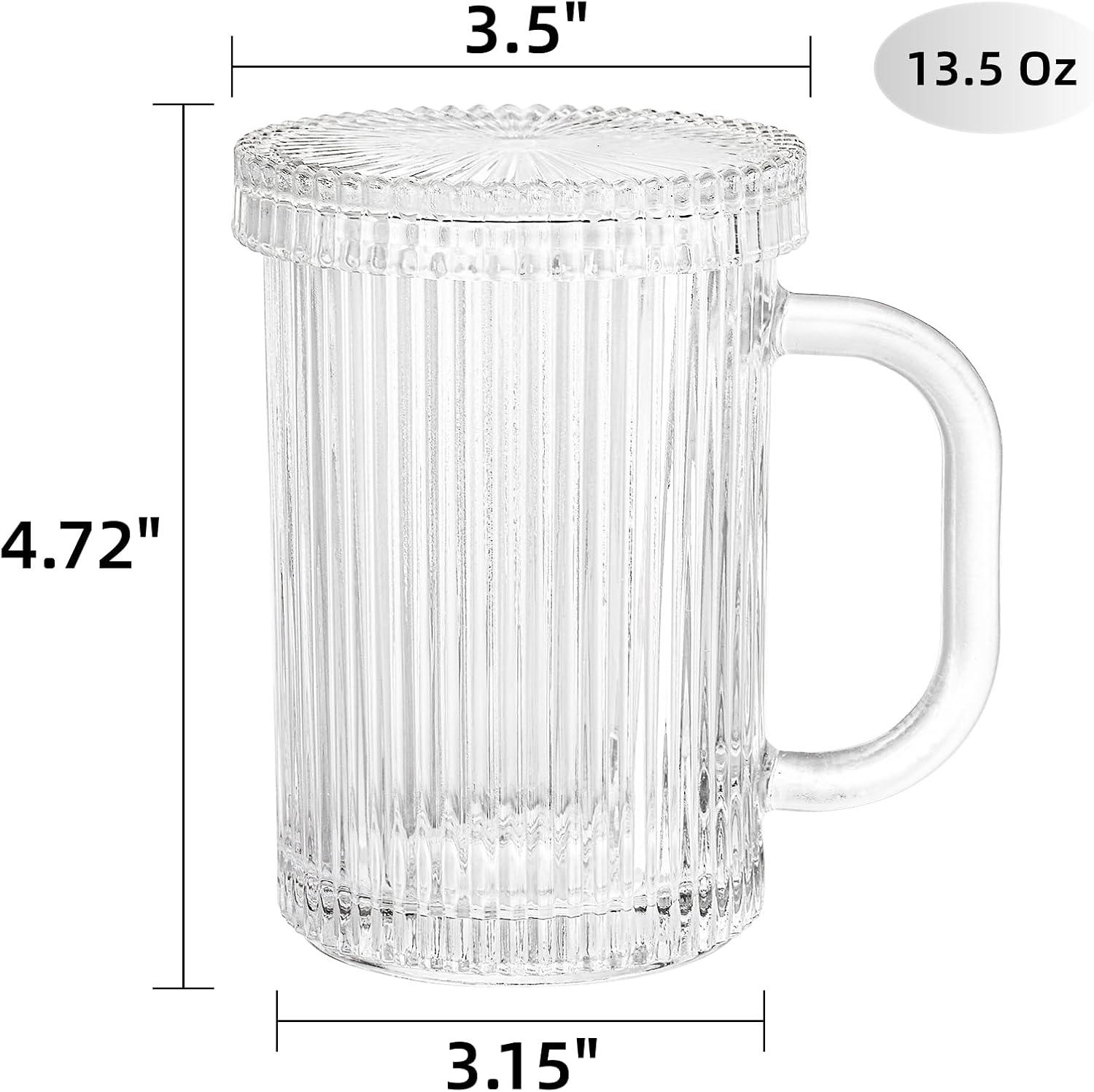 Noamus Paquete de 2 tazas de café con tapa de vidrio, taza de té de rayas verticales clásicas transparentes de 13 onzas, juego de cristalería