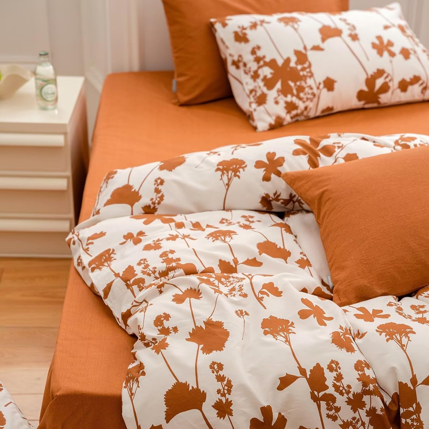 BuLuTu Juego de funda de edredón con diseño de hojas naranjas quemadas, estampado botánico, blanco, 100% algodón, juego de ropa de cama estética,