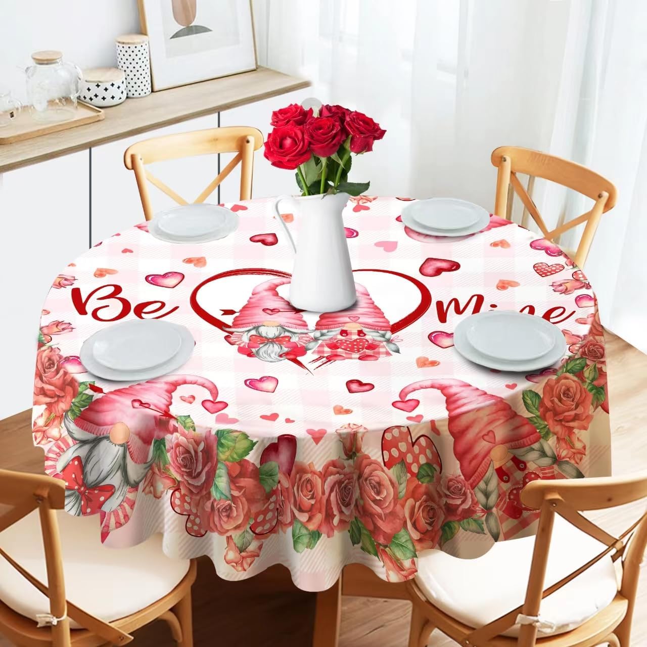 Mantel redondo de San Valentín, mantel redondo de 52 pulgadas, diseño de gnomos de San Valentín con corazones y rosas de amor a cuadros, decoración