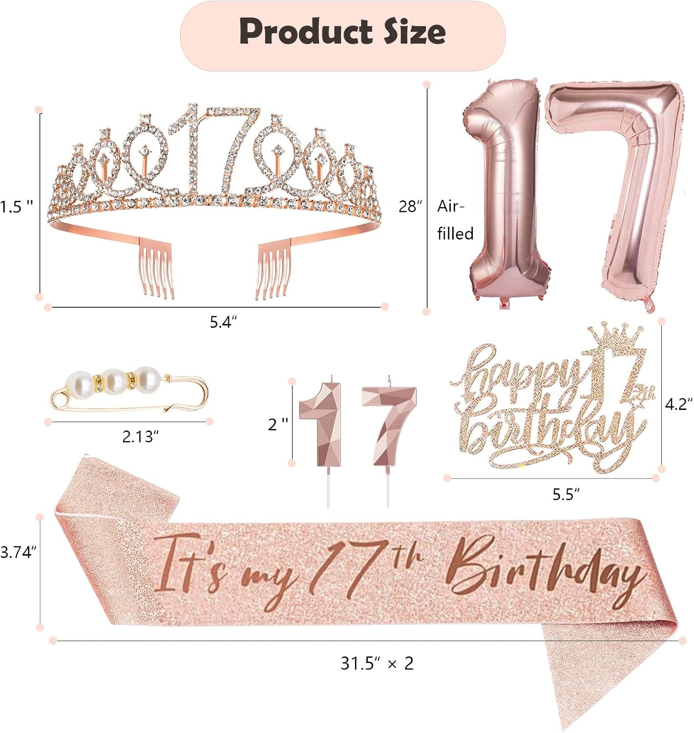 8 decoraciones de cumpleaños número 17 para niñas, incluye adorno para pastel de cumpleaños de 17 años, banda de reina de cumpleaños con alfiler de