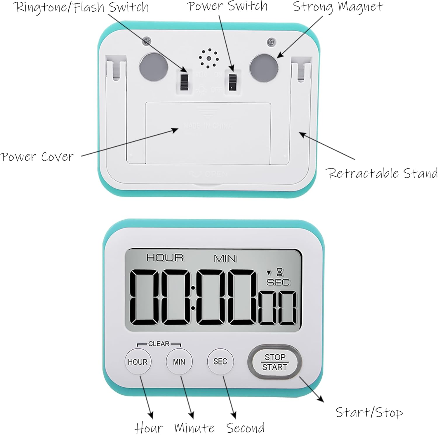 Temporizador digital de cocina, alarma magnética fuerte, pantalla LCD grande silenciosapitido multifunción para profesores, aula, niños, azul cielo