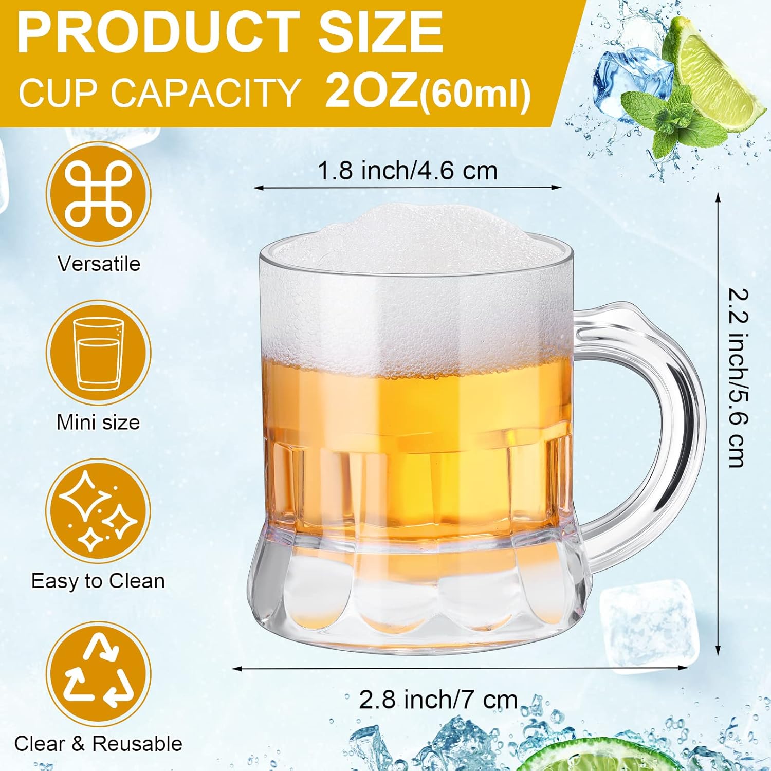 Yinder Mini taza de cerveza de 2 onzas, vasos de chupito de plástico con asas, base sólida transparente, vasos de degustación de cerveza