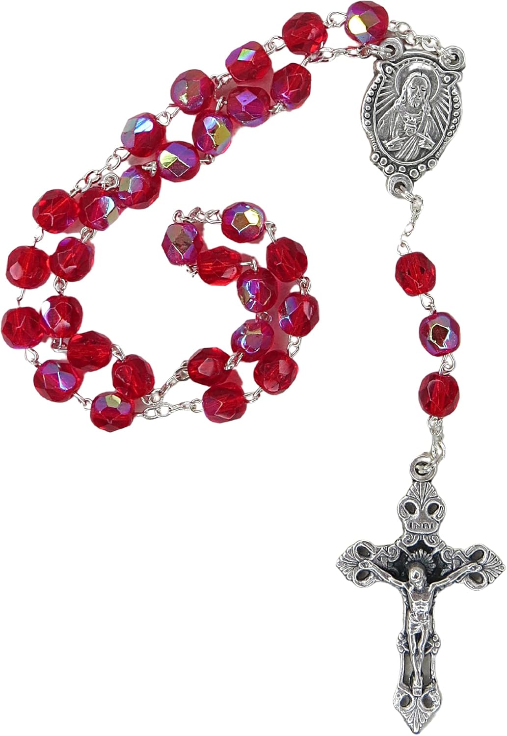 Juego de tarjeta de oración católica y rosario, coronilla de la sangre más preciosa y cuentas rojas con crucifijo en tono plateado y medalla de