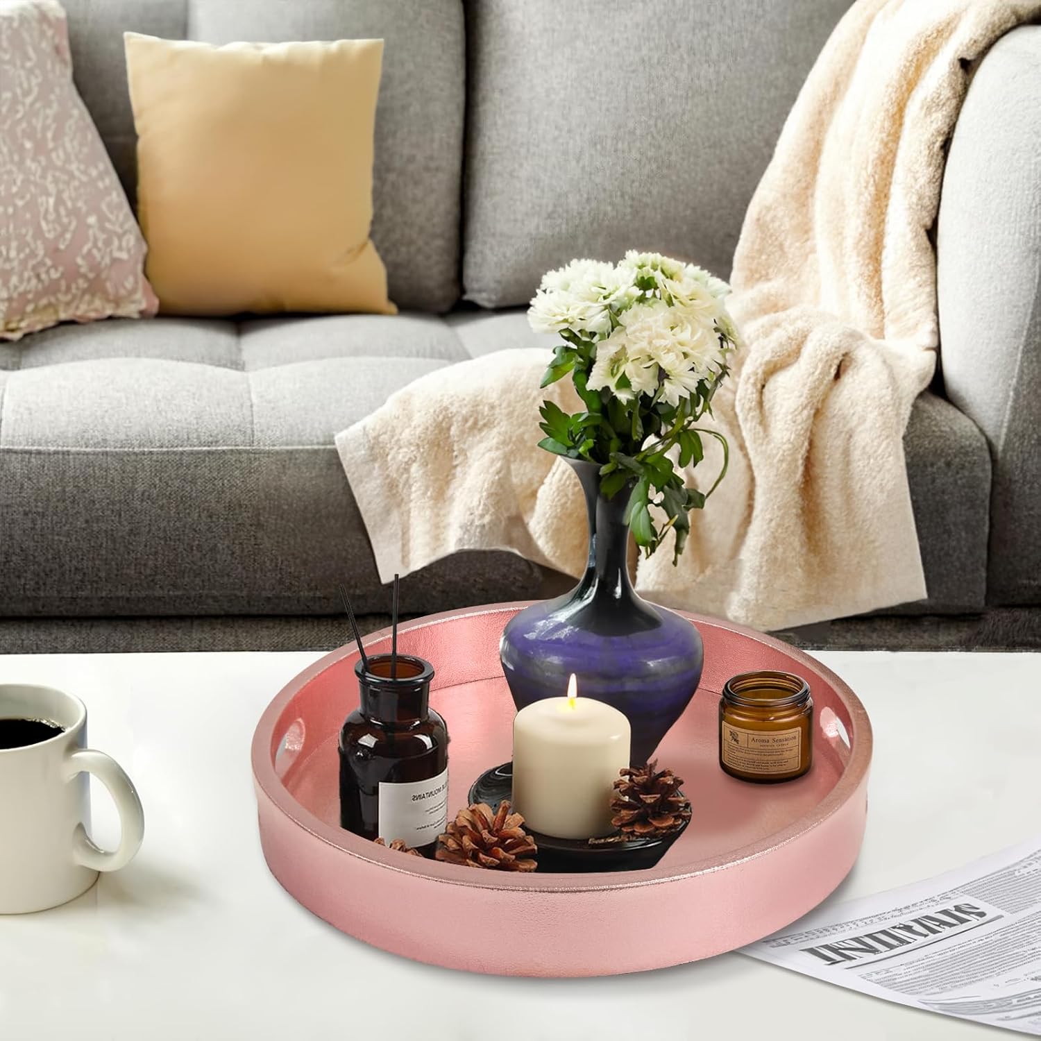 MAONAME Bandeja decorativa rosa de 13 pulgadas, bandeja de servicio de piel sintética con asas, moderna bandeja de mesa auxiliar para otomana,