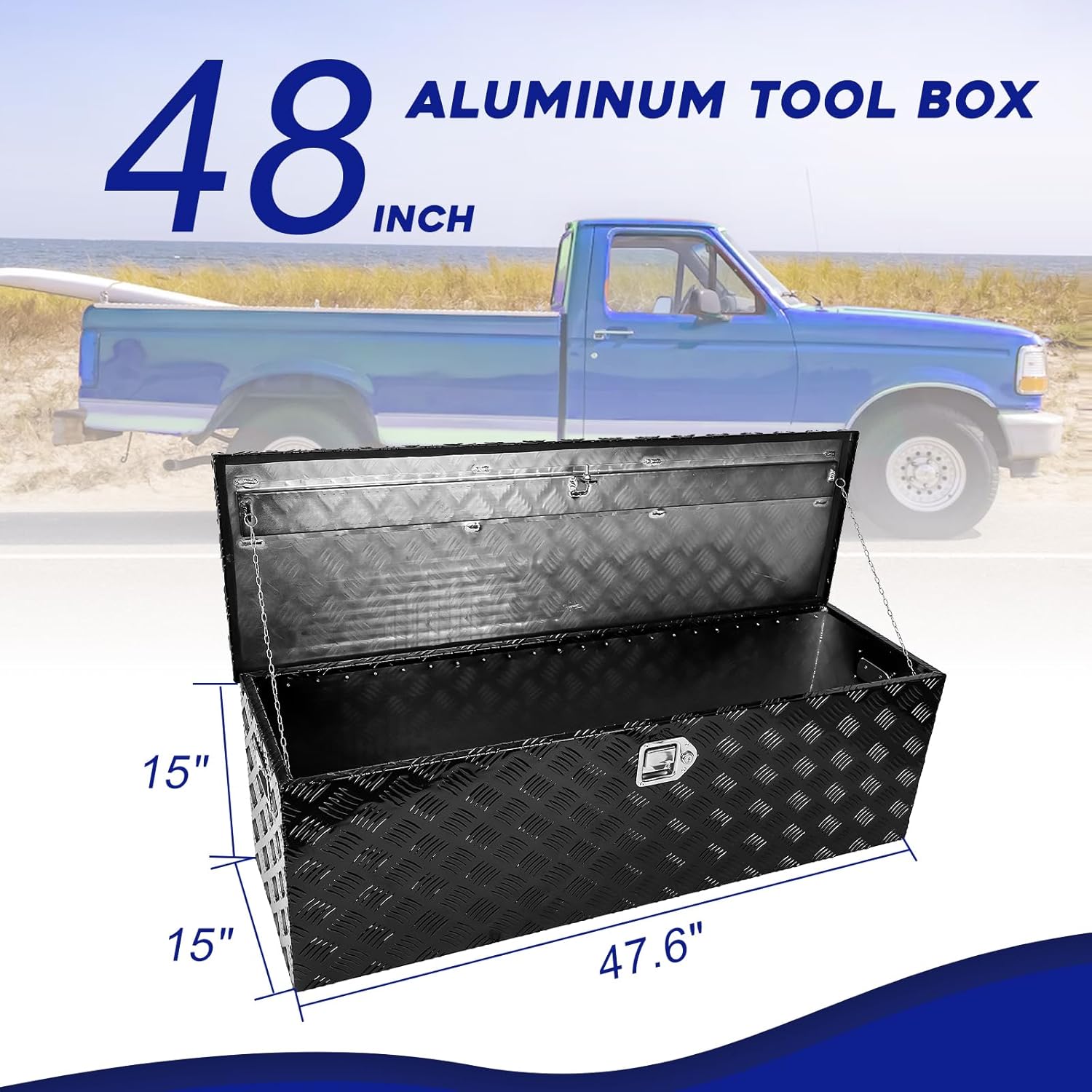 BLACKHORSE-RACING Caja de herramientas de aluminio resistente de 48 x 15 x 15 pulgadas, caja de herramientas de almacenamiento para remolque,