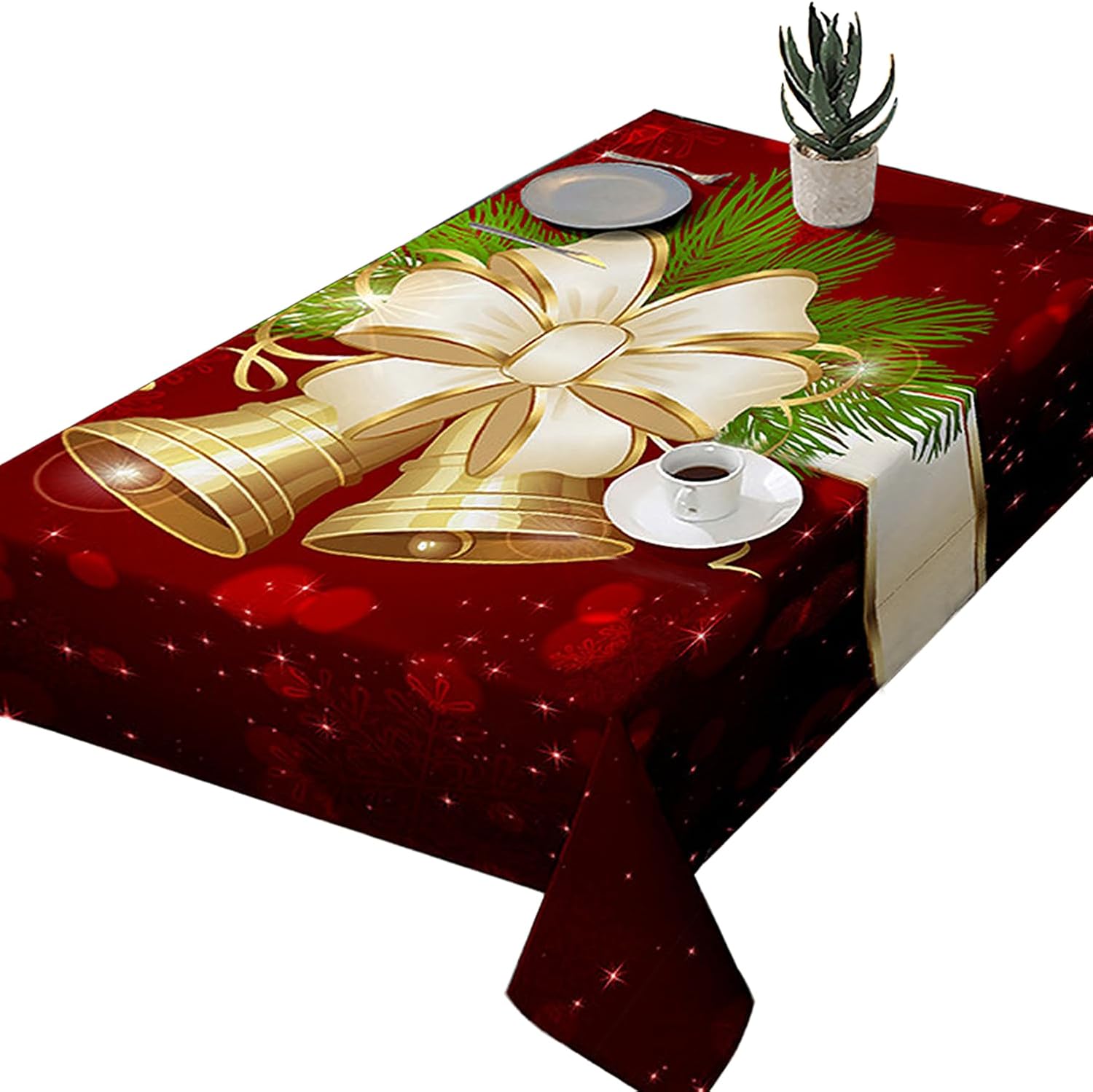 Mantel de Navidad rectangular con campanas de Navidad, resistentes al agua, resistente a las manchas, mantel de poliéster lavable para cena de