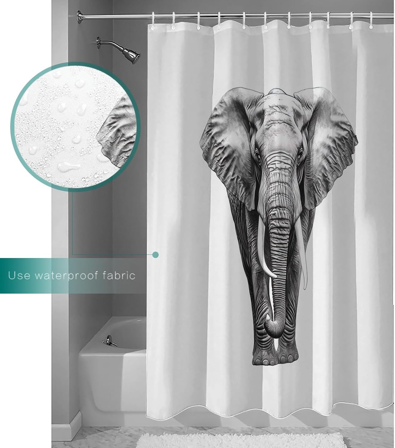 Juego de cortinas de ducha impermeables con 12 ganchos, diseño de elefante de 72 x 72 pulgadas, cortina de ducha para decoración de baño para