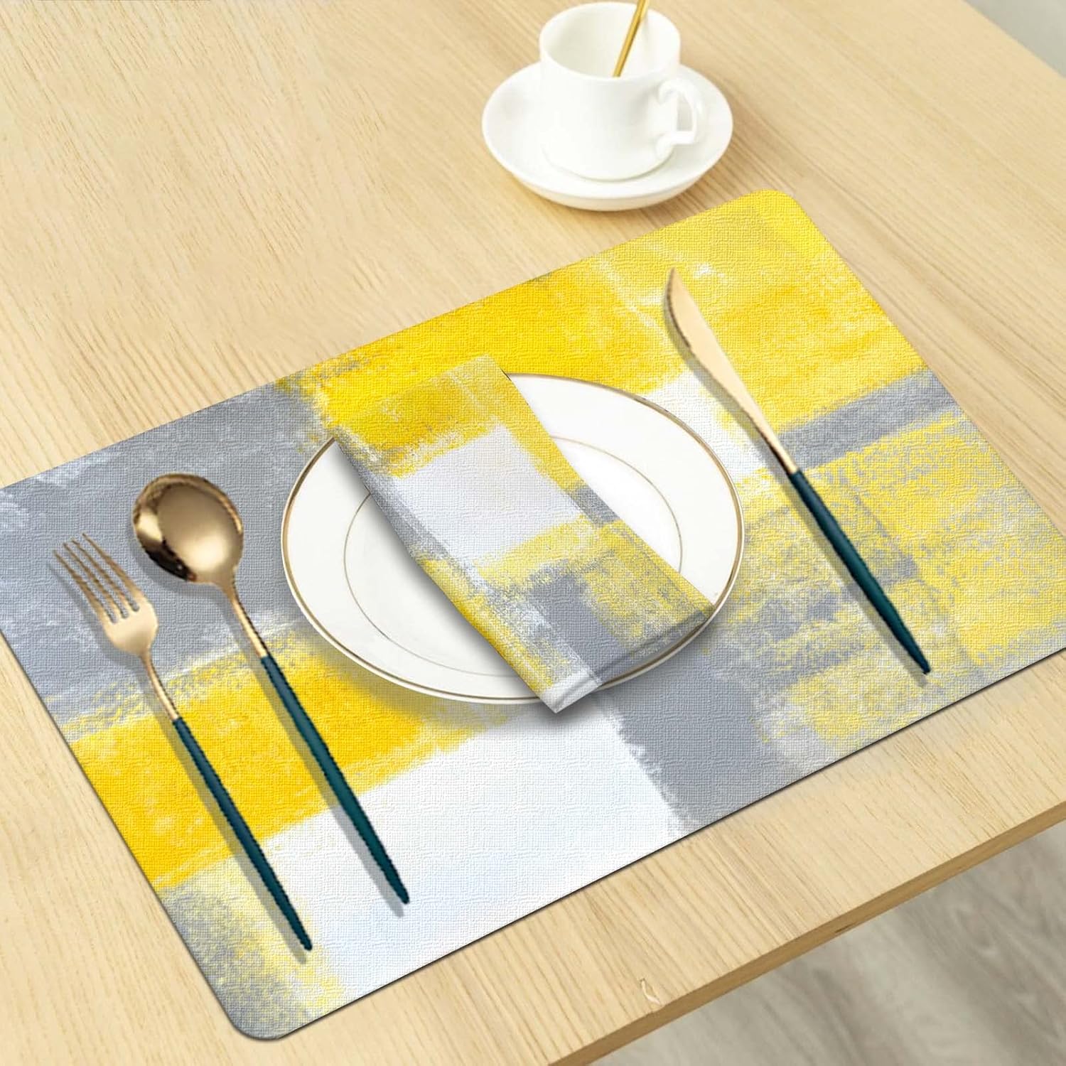 MCALK Juego de 8 manteles individuales amarillos y servilletas de tela, manteles individuales de arte moderno, manteles individuales pintados de