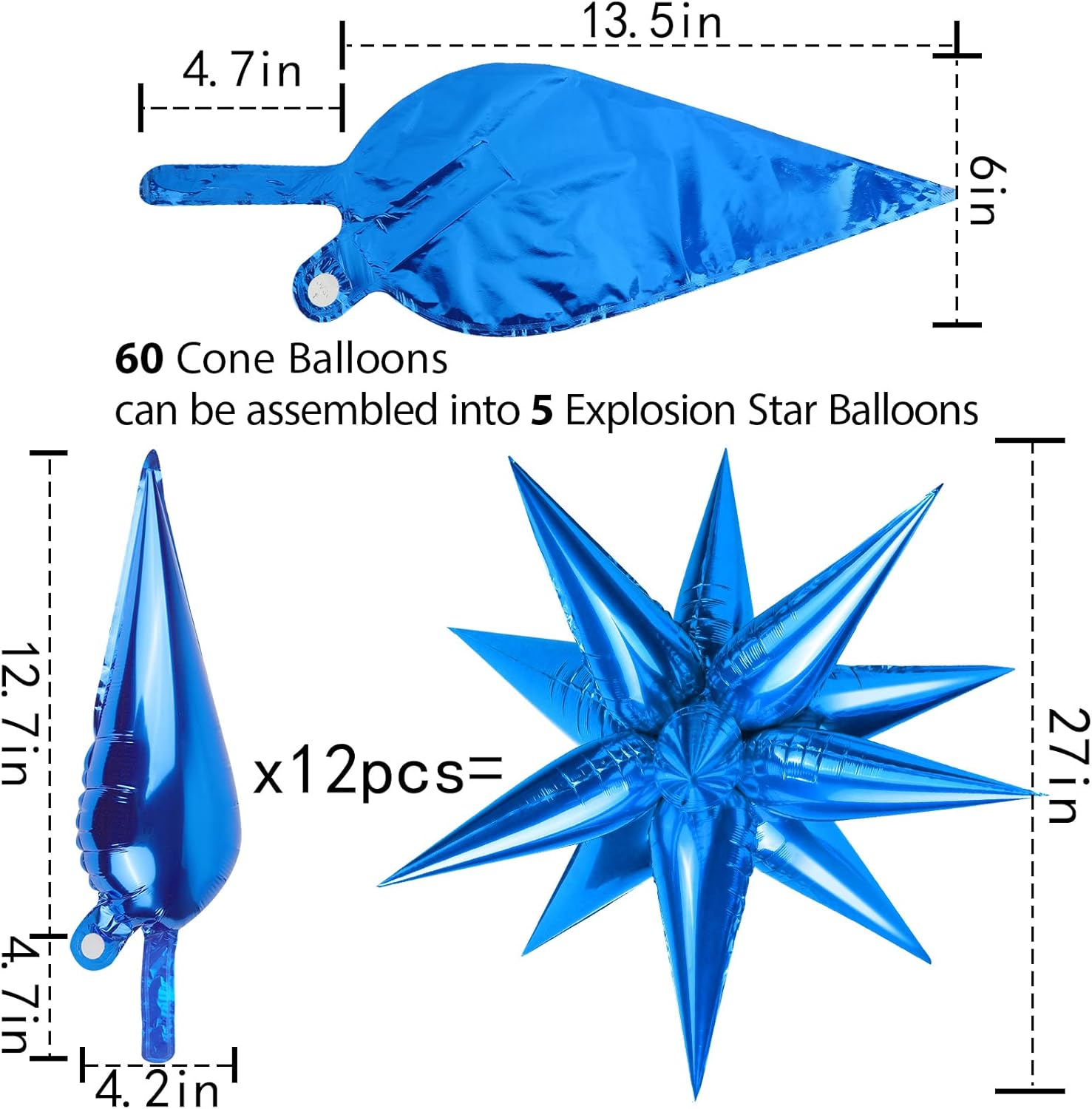 60 globos de papel de aluminio con forma de estrella, globos de cono de 12 puntos, globos mágicos en explosión, grandes para bodas, aniversarios,