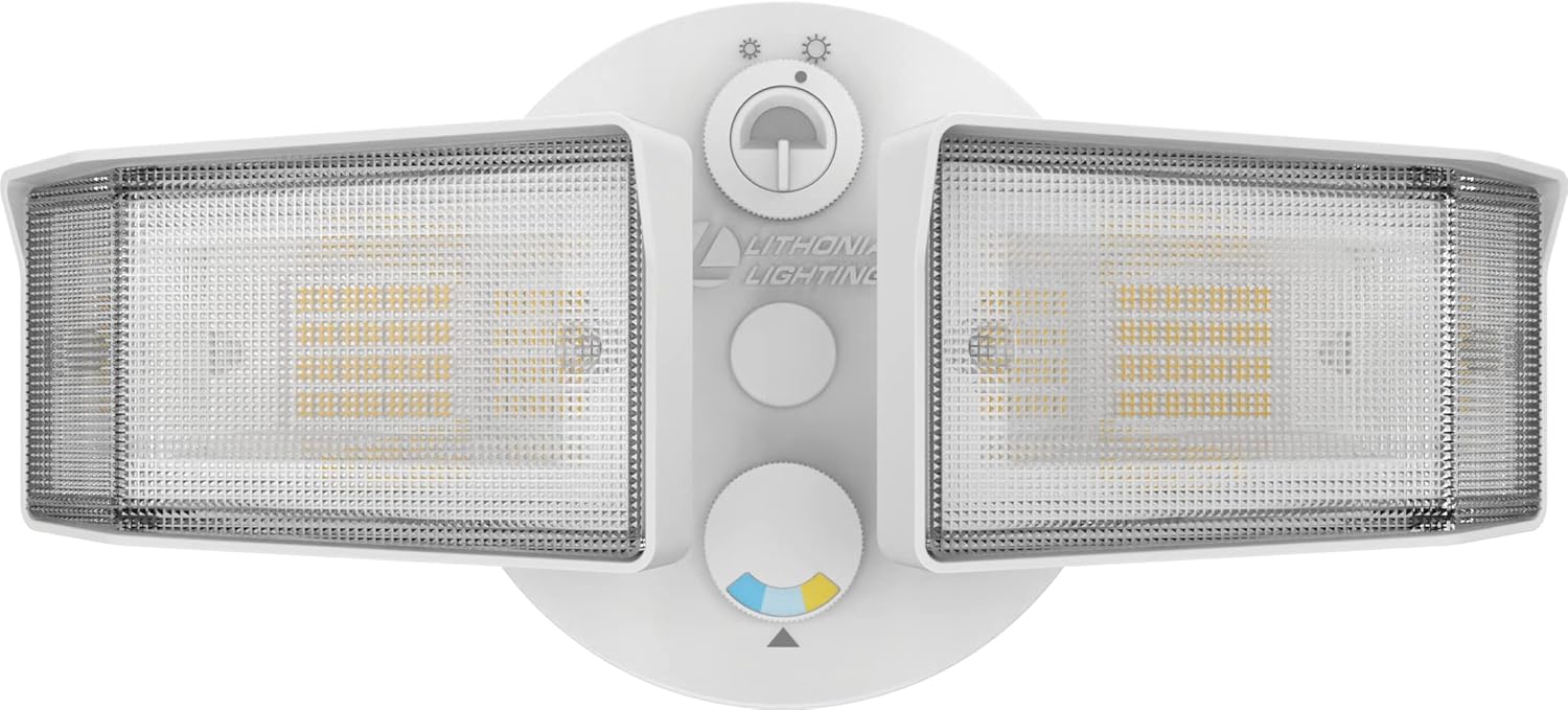 Lithonia Lighting HGX LED 2SH ALO SWW2 120 PE WH M2 HomeGuard – Reflector LED de seguridad para exteriores, salida de luz ajustable, CCT conmutable,