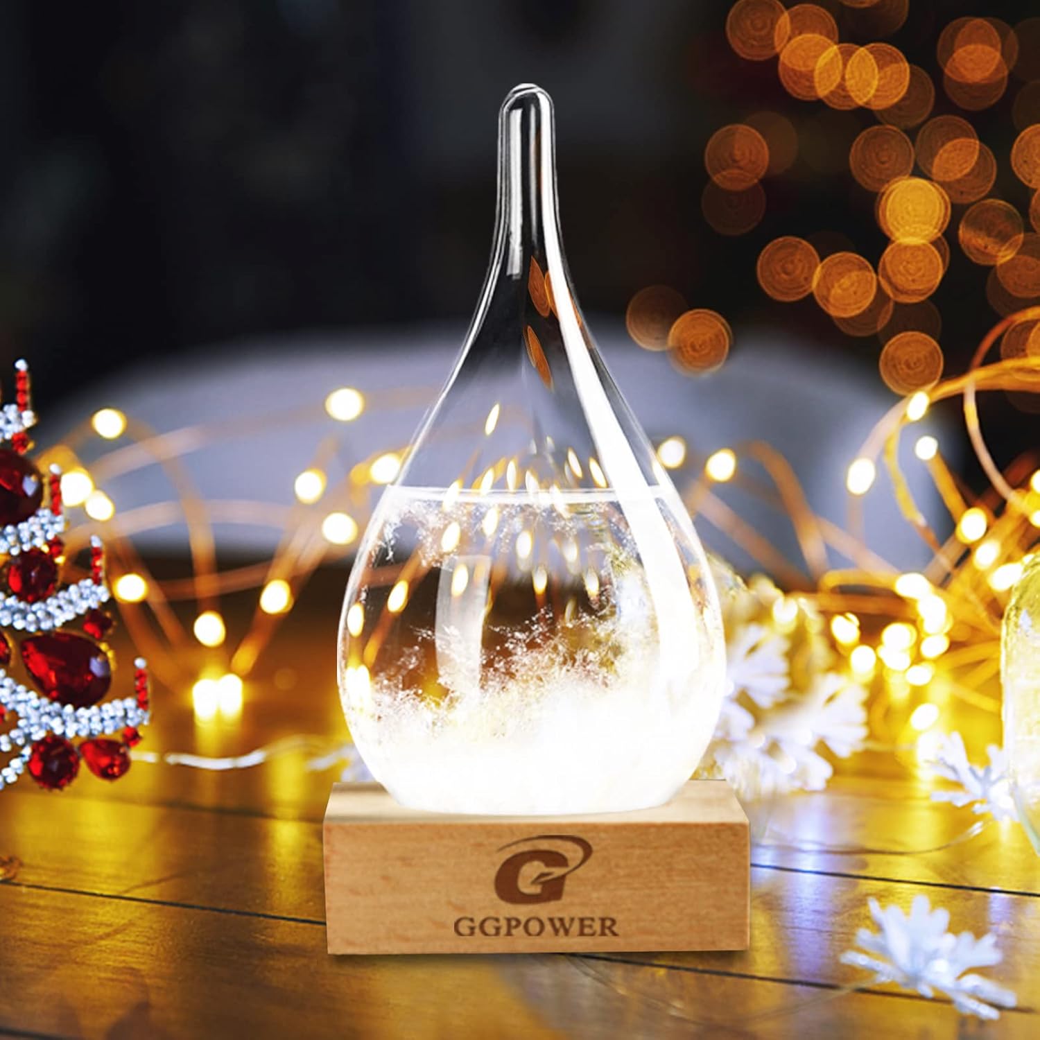 Globo de nieve de Navidad, vidrio de tormenta, predictor del clima, botella decorativa de vidrio con una base de madera maciza, estaciones