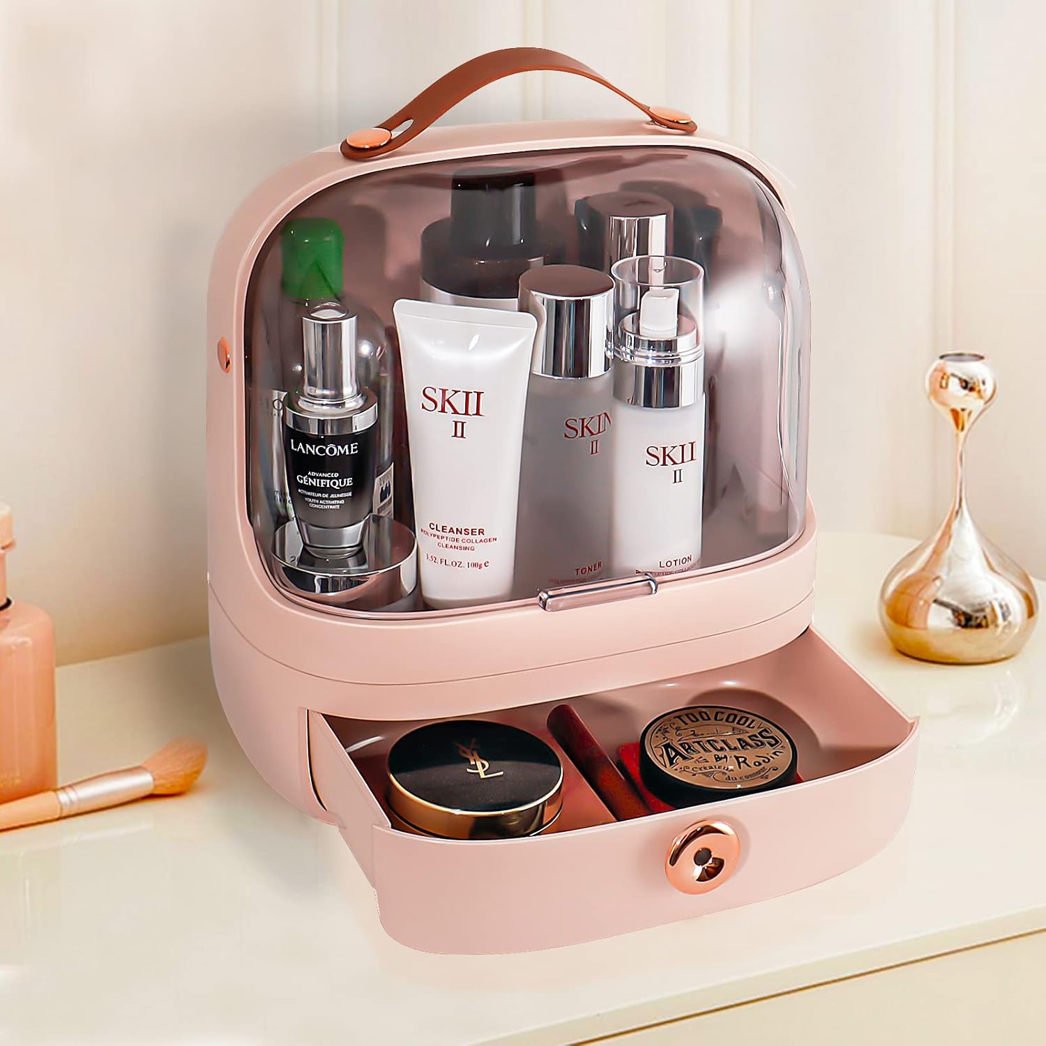 MASSY Egg Shape(Oval) Makeup Storage Box, Countertop Portable Vanity Cosmetics Organizer Preppy Style (MBOX-03-Pink)