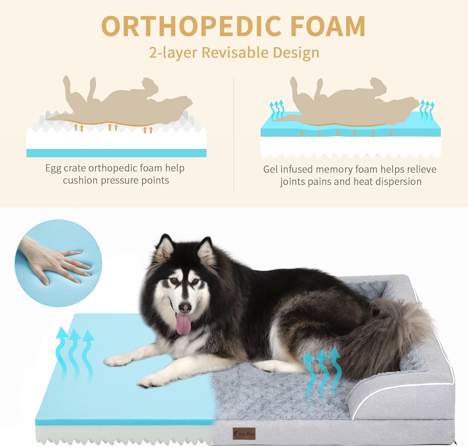 Cama grande de espuma viscoelástica para perros con refuerzos, camas refrescantes para perros grandes, cama ortopédica impermeable para perros con