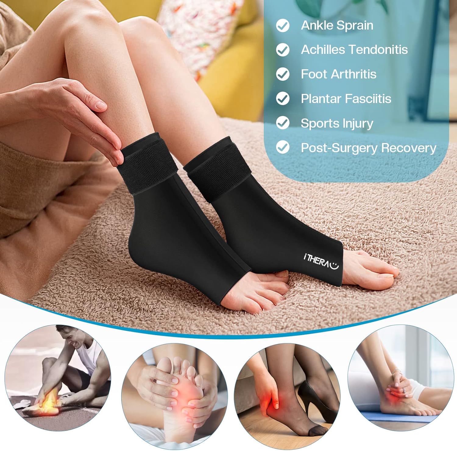 iTHERAU – Bolsa de hielo de tobillo para lesiones, paquete de hielo reutilizable para pies, terapia de compresión elástica para fascitis plantar,