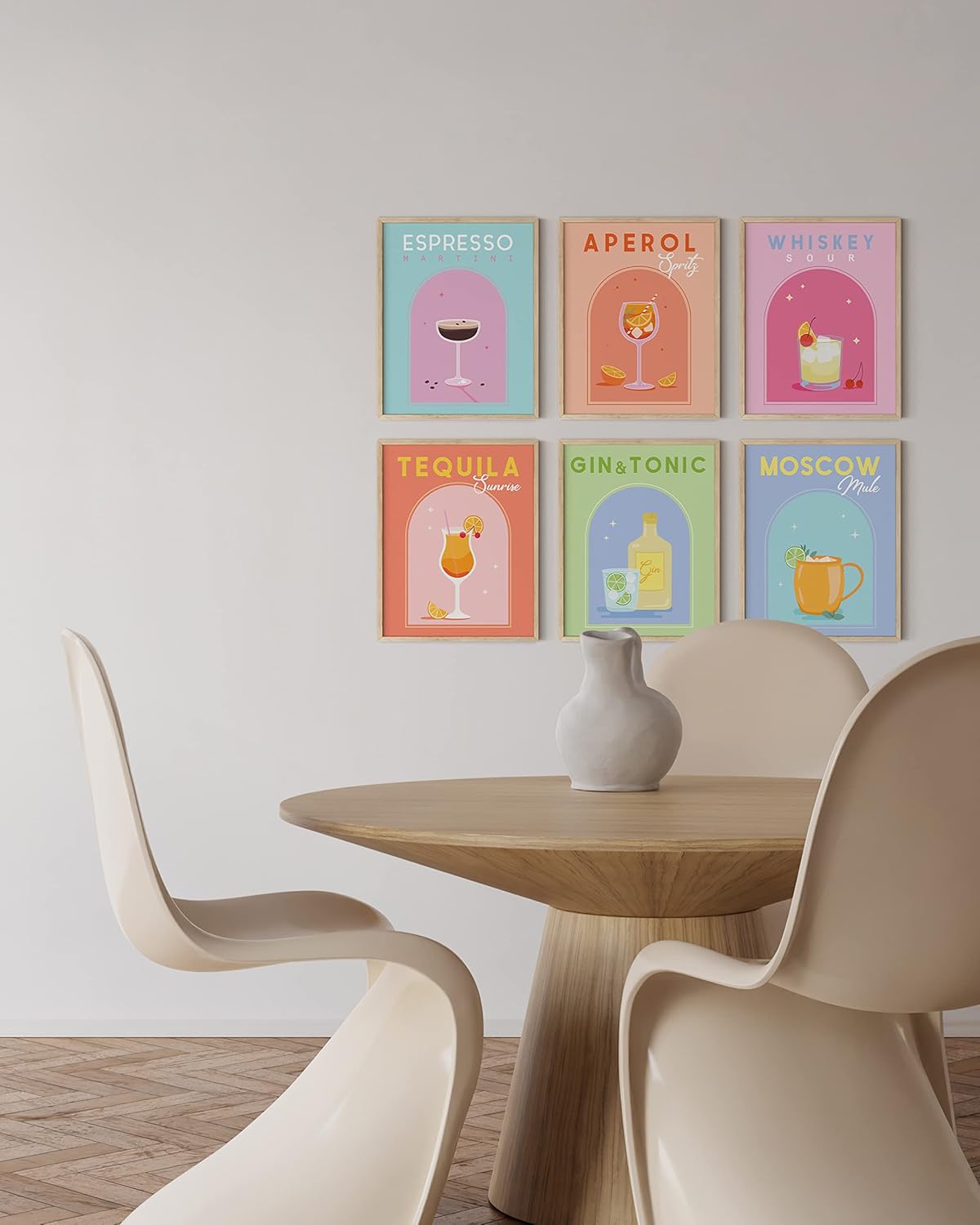 HAUS AND HUES Póster de alcohol en colores pastel daneses, juego de 6 pósteres estéticos de cóctel, fotos preparadas para pared, pósteres de