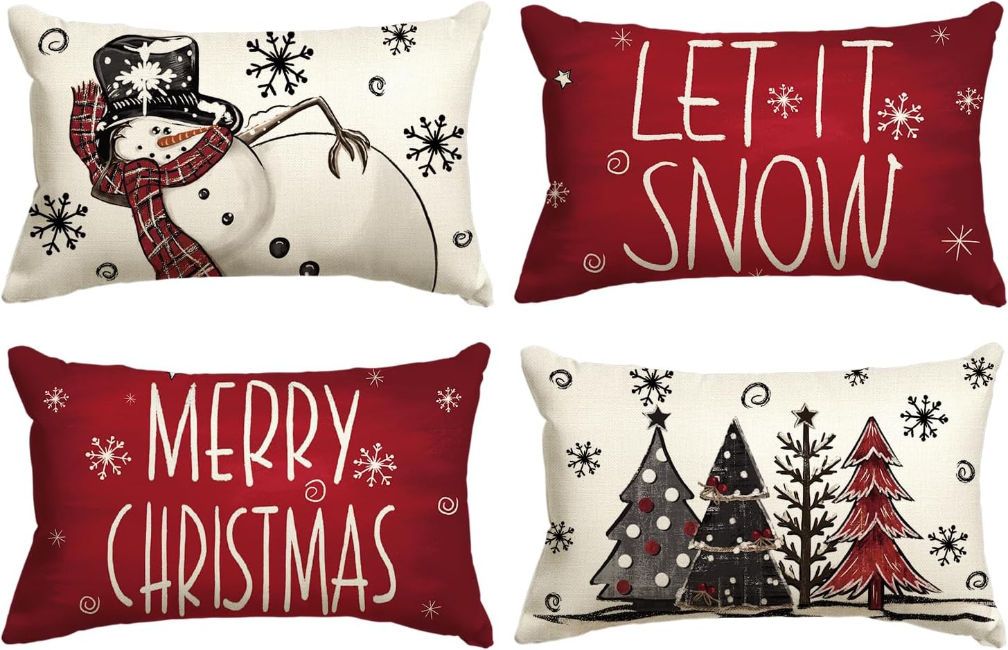 AVOIN colorlife Juego de 4 fundas de almohada con diseño de muñeco de nieve con texto en inglés Merry Christmas con diseño de muñeco de nieve Let It