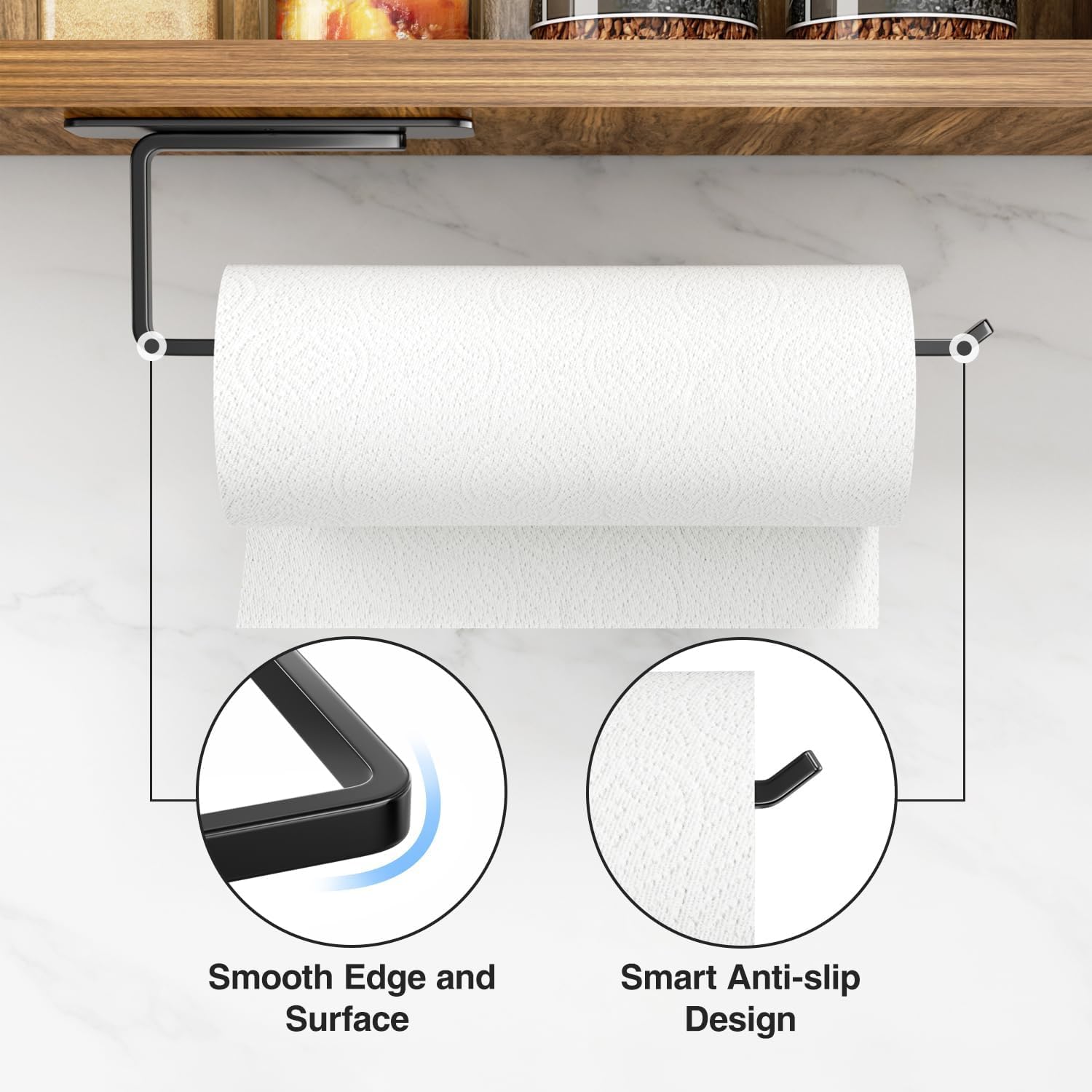 Soporte para toallas de papel debajo del gabinete, disponible en adhesivo y perforación, soporte de pared para toallas de papel negro, toallero de