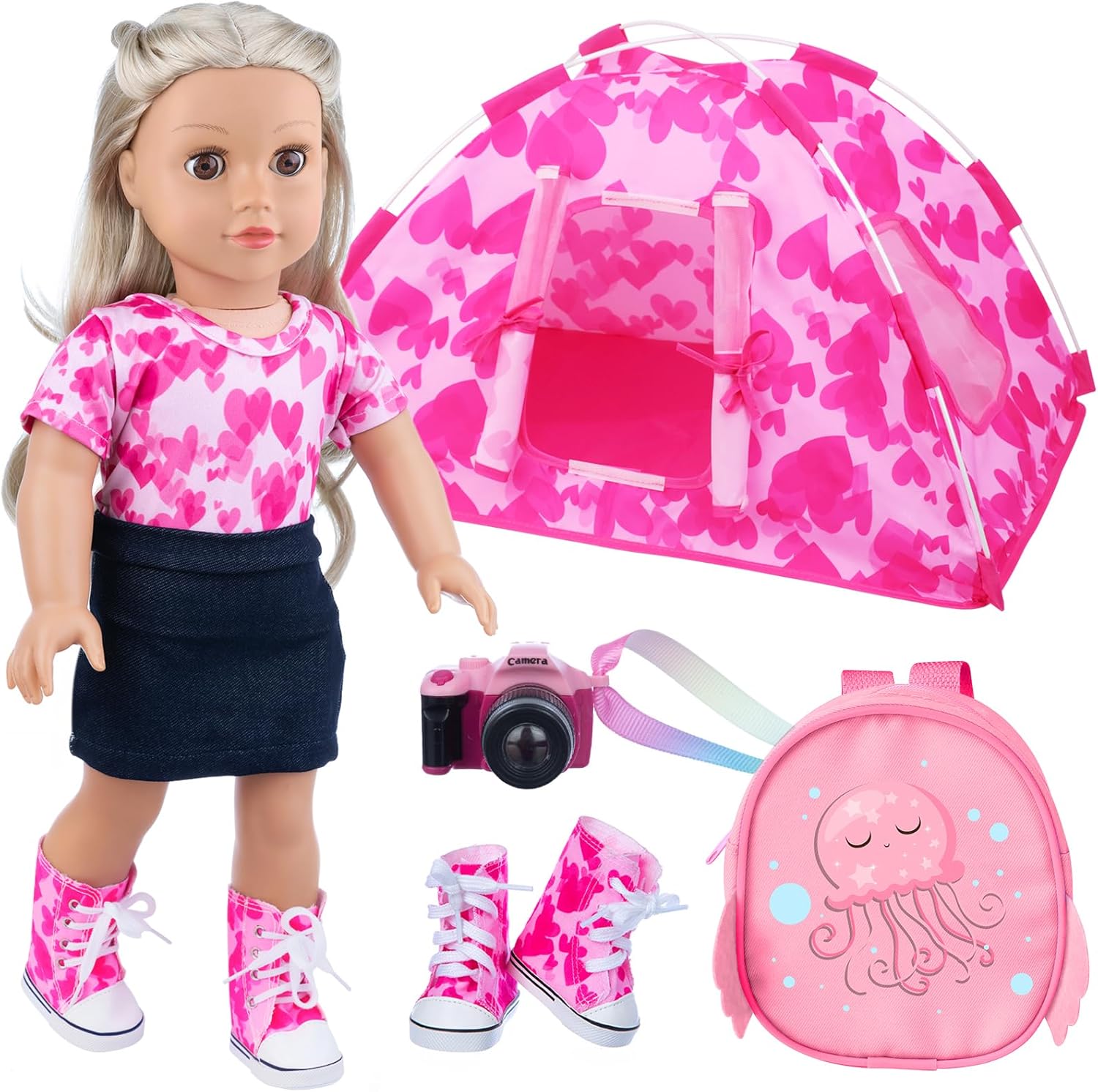 Ecore Fun Juego de 6 tiendas de campaña para muñecas de 18 pulgadas y accesorios que incluyen tienda de campaña para muñecas de 18 pulgadas, mochila