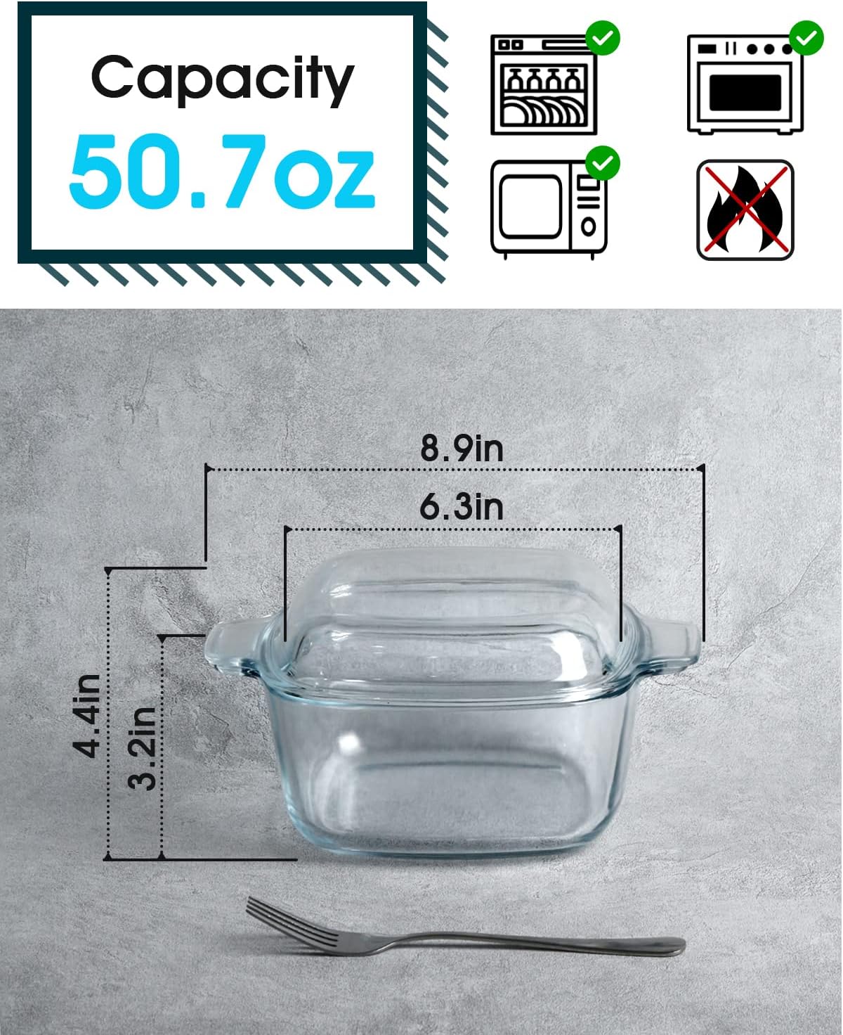 NUTRIUPS Cacerola de vidrio de 1.5L con tapa, cazuela cuadrada, horno de vidrio, utensilios para hornear, plato seguro para microondas con tapa,