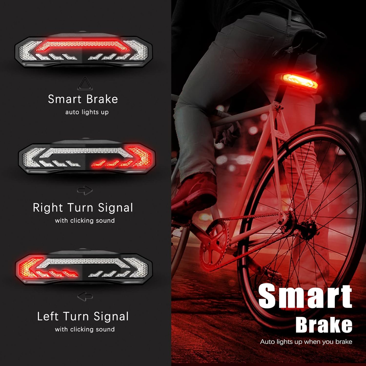 WSDCAM Luz trasera inteligente para bicicleta con señales de giro y luz de freno, bocina de alarma de bicicleta con control remoto, encendidoapagado