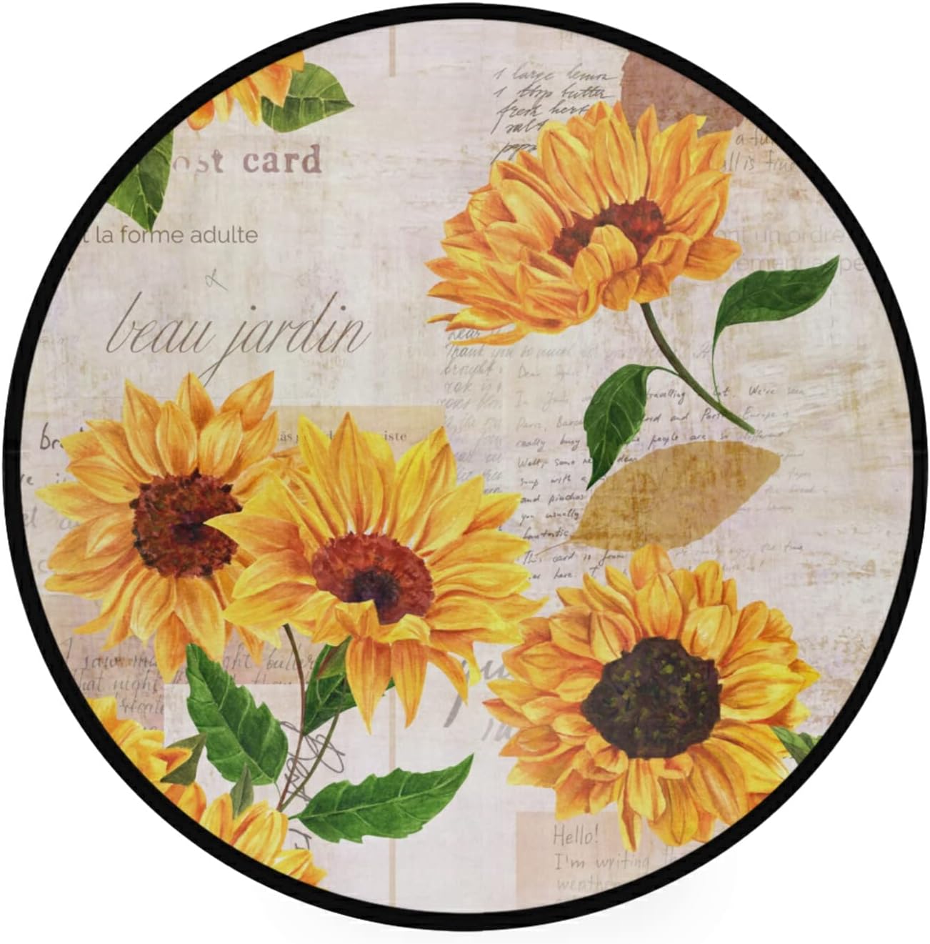 Alfombra redonda de verano vintage de girasoles de 3 pies, alfombra circular de flores florales en acuarela, suave, antideslizante, para sala de