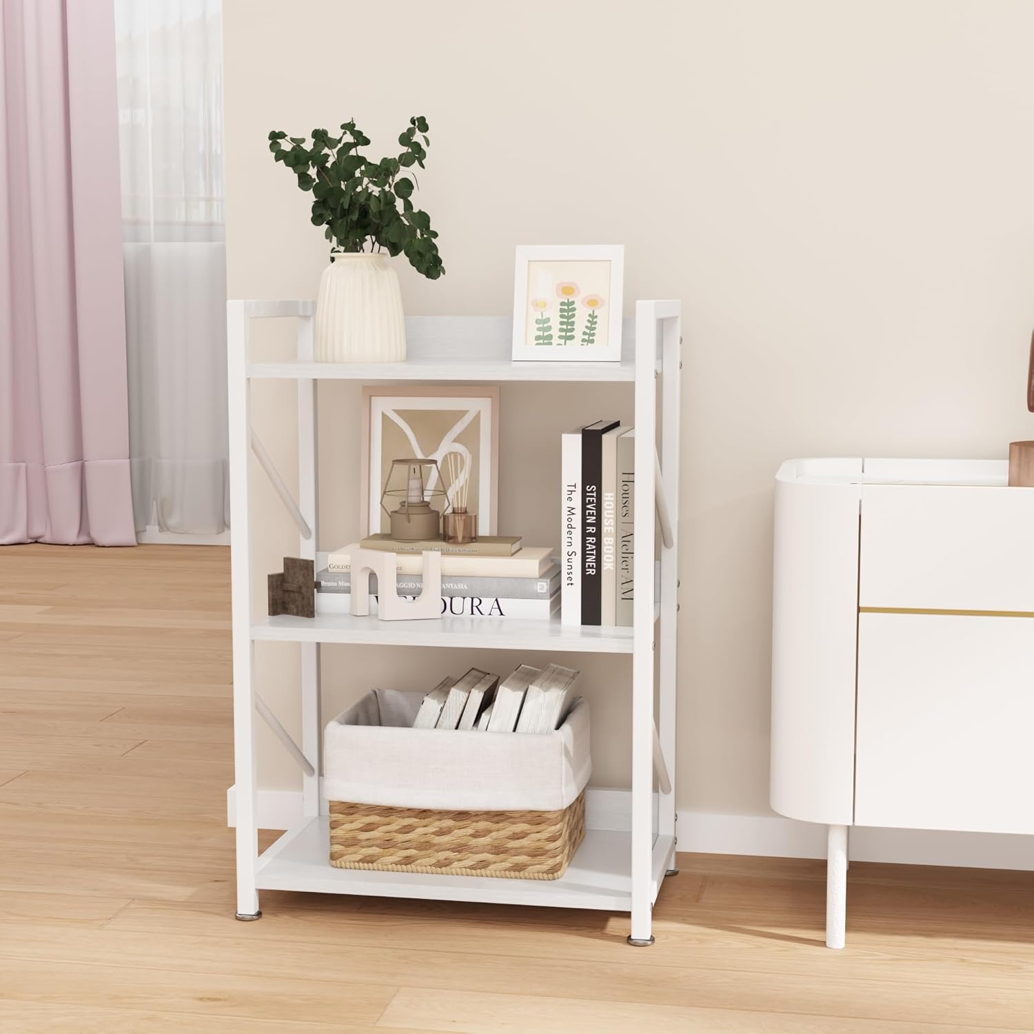 Estantería pequeña para espacios pequeños, moderna estantería de 3 niveles, estantería de noche estrecha, estante pequeño abierto para dormitorio,