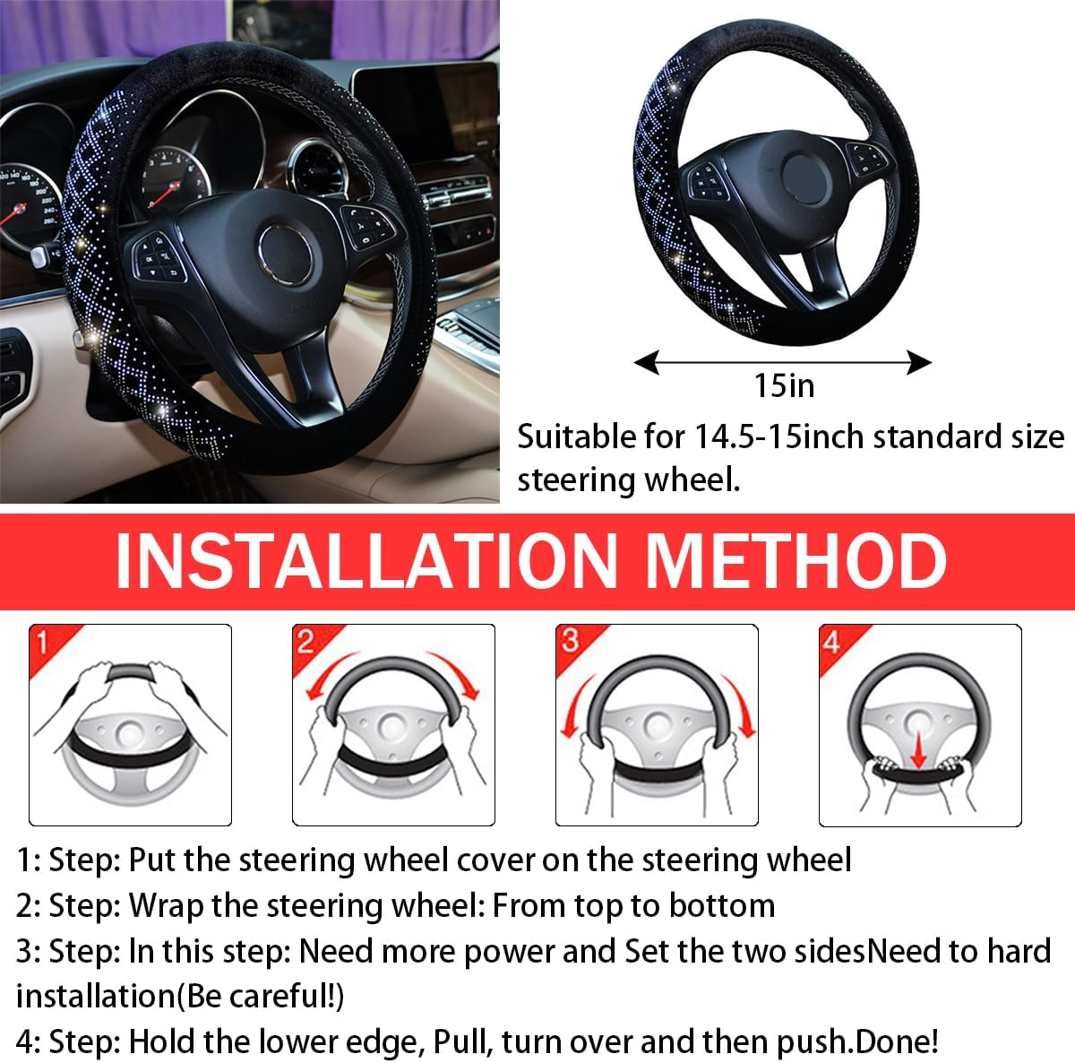 Funda brillante para volante de automóvil, protector de volante de terciopelo suave con diamantes de imitación, universal de 15 pulgadas, esponjosa